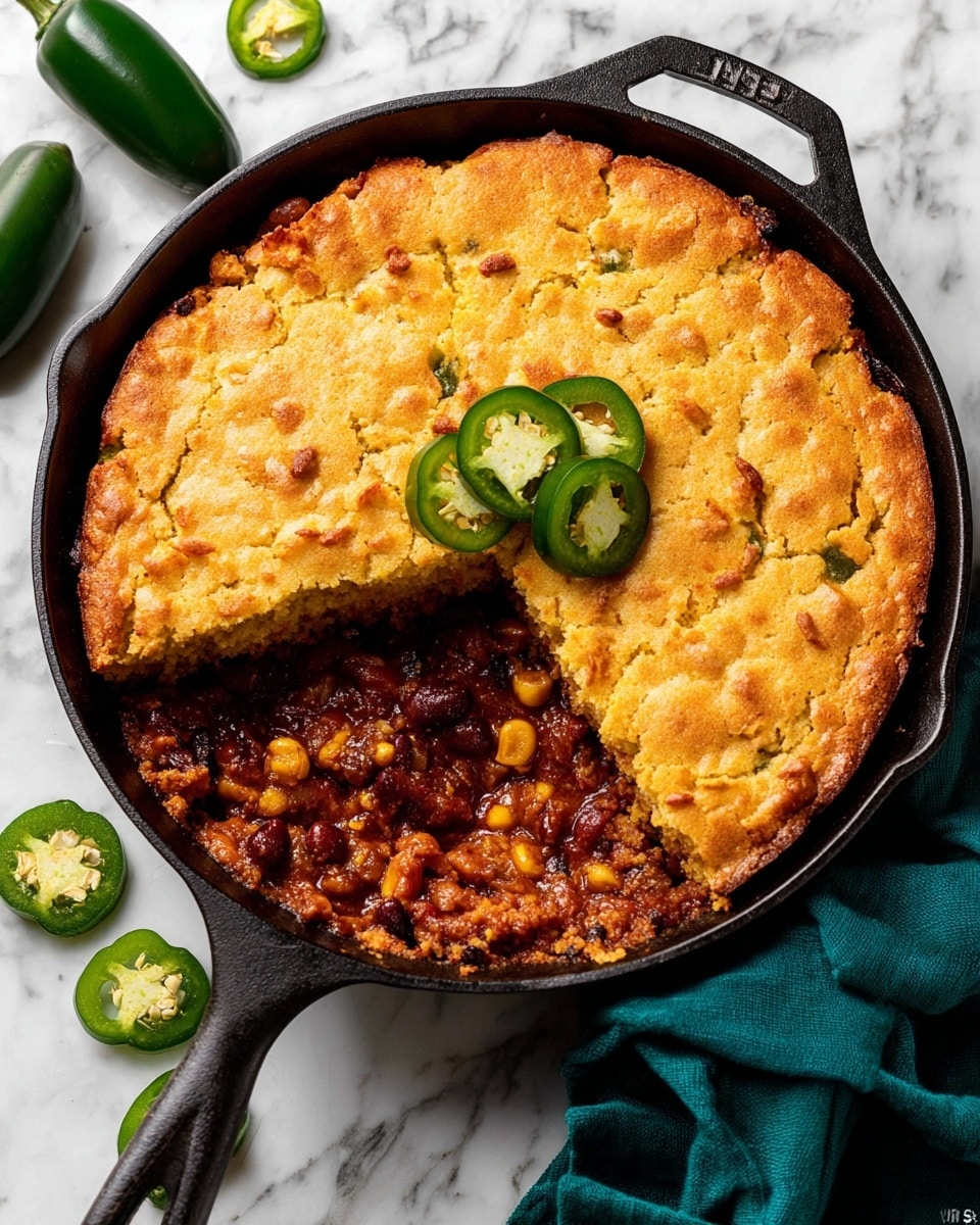 A black cast iron skillet filled with a dish that has two main layers: the bottom layer is a chunky deep red sauce with visible pieces of beans and possibly meat or vegetables, while the top layer is a golden-brown baked cornbread with small pieces of corn embedded in it. Three slices of green jalapeño peppers are placed in the center on top of the cornbread. The skillet sits on a white marbled surface, with two whole jalapeños and a few jalapeño slices nearby, and a green cloth partially visible in the bottom right corner. Photo taken with an iphone --ar 4:5 --v 7