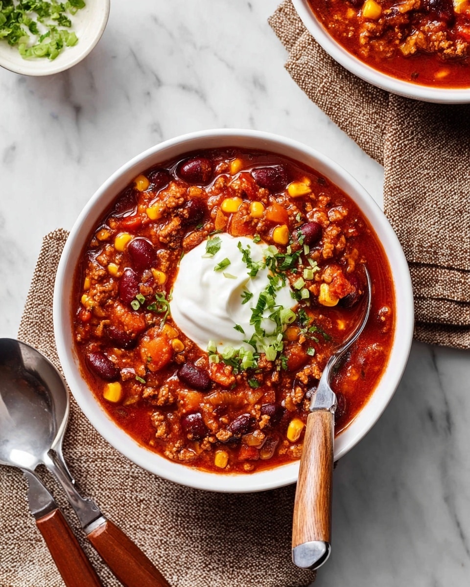 A white bowl filled with three layers of thick chili, showing a rich red sauce with visible chunks of ground meat, dark red kidney beans, pieces of yellow corn, and small orange carrot bits mixed evenly throughout. A dollop of white sour cream sits in the center on top, garnished with small green chopped scallions and cilantro leaves. A silver spoon with a wooden handle rests on the right inside edge of the bowl. The bowl is placed on a white marbled surface with a small brown textured cloth beneath it, next to two spoons with wooden handles. Photo taken with an iphone --ar 4:5 --v 7