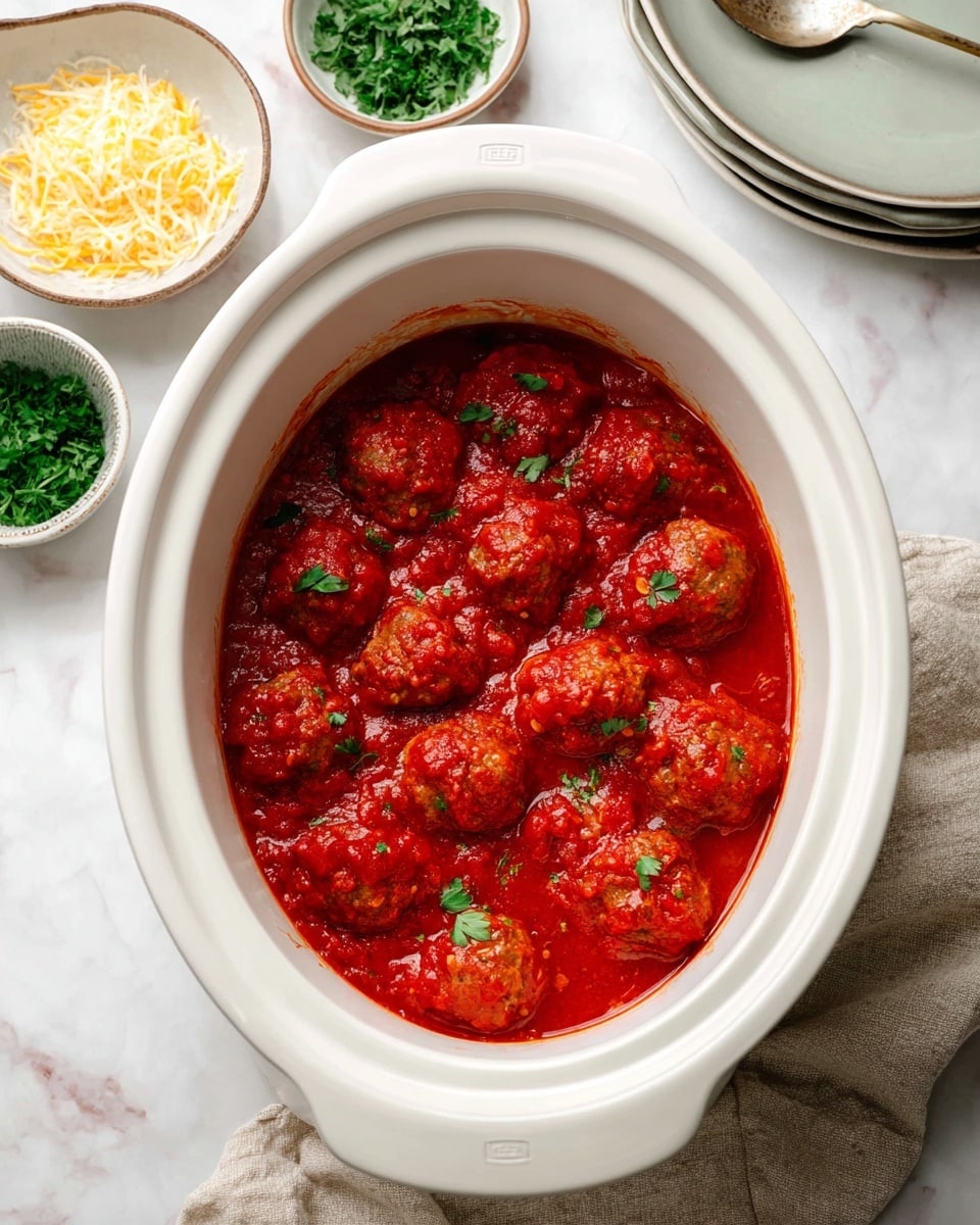 A white plate holds a nest of light golden spaghetti noodles layered underneath four round meatballs that are browned on the outside. The meatballs sit on top of the noodles, each covered with a bright red tomato sauce that looks thick and chunky. The tomato sauce spreads lightly across the noodles and meatballs, also topped with small green herb pieces and a sprinkle of white grated cheese. A fork with a wooden handle rests partly under the noodles on the right side of the plate. The background shows a white marbled surface. Photo taken with an iphone --ar 4:5 --v 7