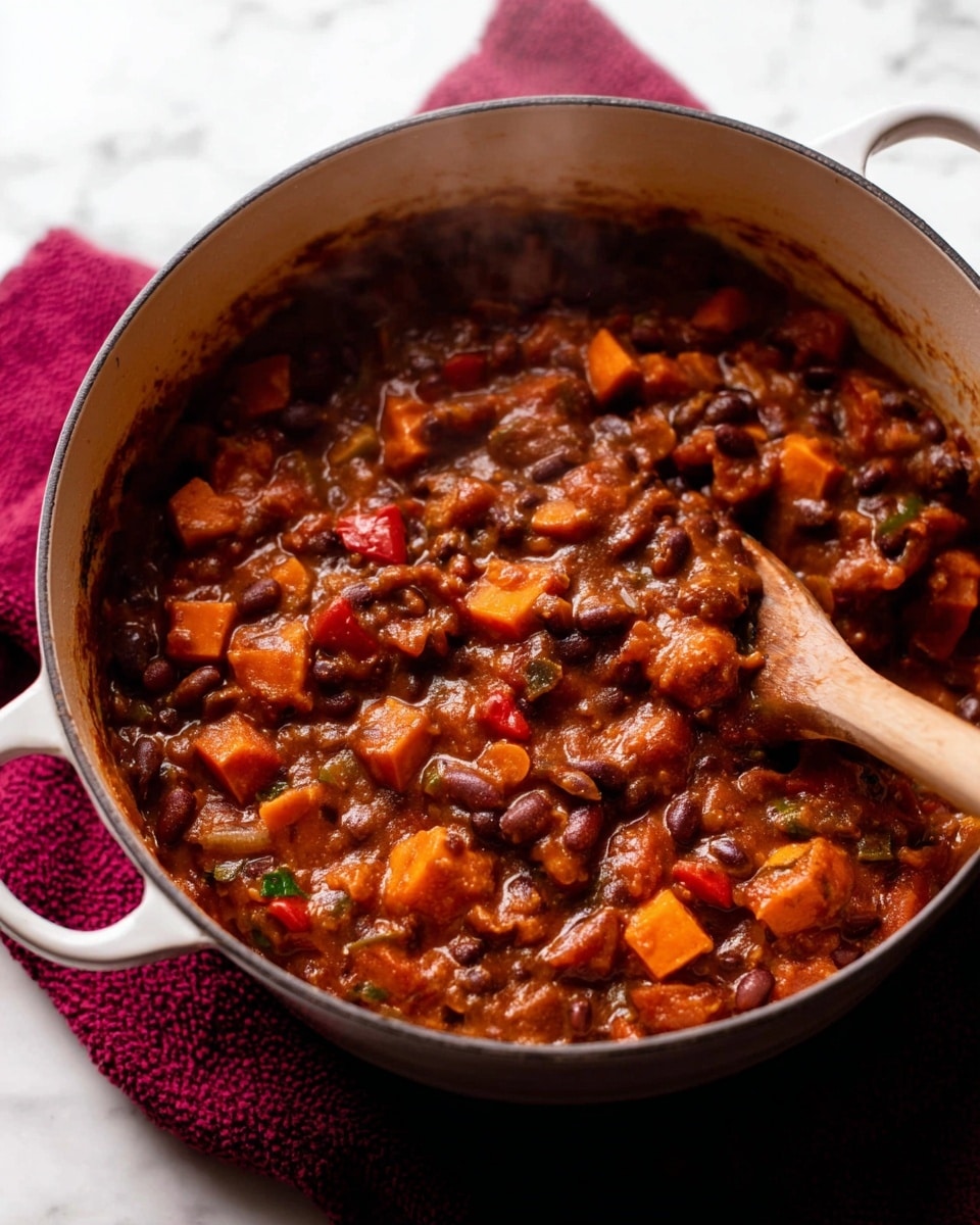 A deep white pot filled with a thick stew that has many chunky pieces in it, showing at least three layers of ingredients mixed together: dark brown beans, orange cubes that look like sweet potatoes, and small red and green vegetable bits. The stew looks soft and cooked, with a moist and slightly oily texture. Steam rises from the pot, and a wooden spoon rests inside the pot on the right side, partially covered by the stew. The pot sits on a dark red cloth over a white marbled surface. Photo taken with an iphone --ar 4:5 --v 7