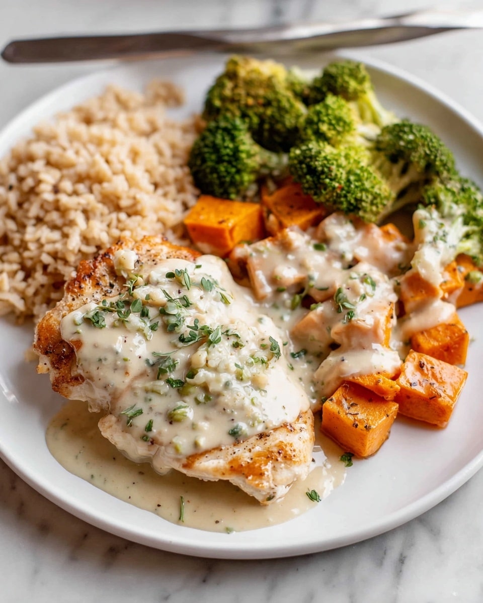 A black cast iron pan holds five pieces of cooked chicken thighs covered in a thick, creamy white sauce speckled with black pepper and green herbs. Scattered between the chicken are bright orange cubes of cooked sweet potatoes and small green broccoli florets. A few green parsley leaves garnish the dish. The pan sits on a white marbled surface with a beige and black checkered cloth partially visible beneath. The light is bright, highlighting the creamy texture of the sauce and the tender look of the chicken photo taken with an iphone --ar 4:5 --v 7