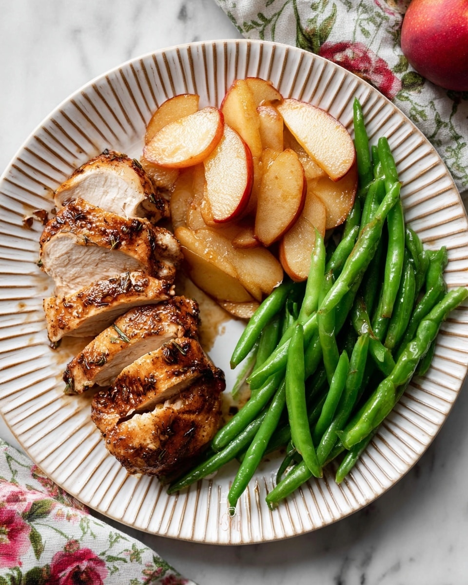 The image shows a close-up of a skillet filled with layers of browned chicken thighs and sliced apples. The chicken thighs are golden-brown with a slightly crispy texture, seasoned with visible dark spices. Mixed among the chicken are soft, slightly cooked apple slices with red and yellow skin, appearing tender and juicy. Small sprigs of fresh green rosemary are scattered on top, adding contrast. The apple slices and chicken pieces are evenly mixed and covered in a light, glossy sauce that adds shine and moisture to the dish. The background is a white marbled texture. photo taken with an iphone --ar 4:5 --v 7
