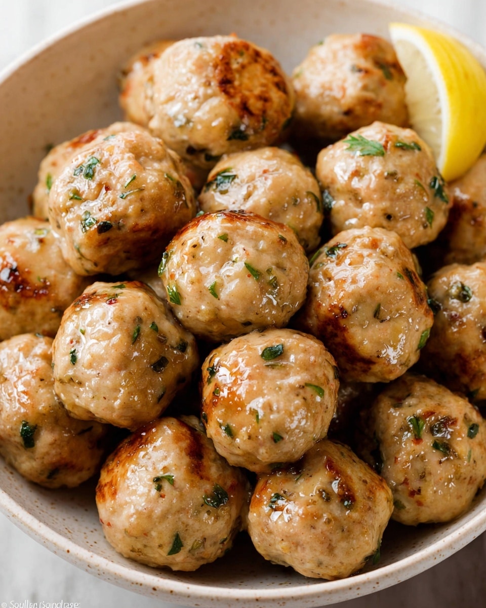 The image shows four golden brown meatballs with visible green herbs and spices on their surface, sitting on a bed of yellow and green spiralized zucchini noodles. One meatball is held by a fork and is sliced in half, revealing a soft, light interior speckled with herbs. The zucchini noodles underneath have a fresh, slightly glossy look, curling around the fork. The entire dish is placed on a white plate over a white marbled surface. Photo taken with an iphone --ar 4:5 --v 7