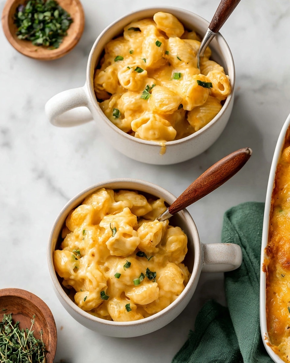 The image shows a white oval baking dish with two handles filled with a creamy baked pasta dish. The pasta shells are coated in a thick, smooth orange cheese sauce, and the top layer is covered with melted white cheese that is slightly browned in spots. Small green herb sprigs are scattered evenly across the surface, adding color contrast. Texture varies from the soft, round pasta shells to the gooey cheese layer on top. The dish sits on a white marbled surface with a green cloth partially visible at the bottom right and a few sprigs of herbs nearby. Photo taken with an iphone --ar 4:5 --v 7