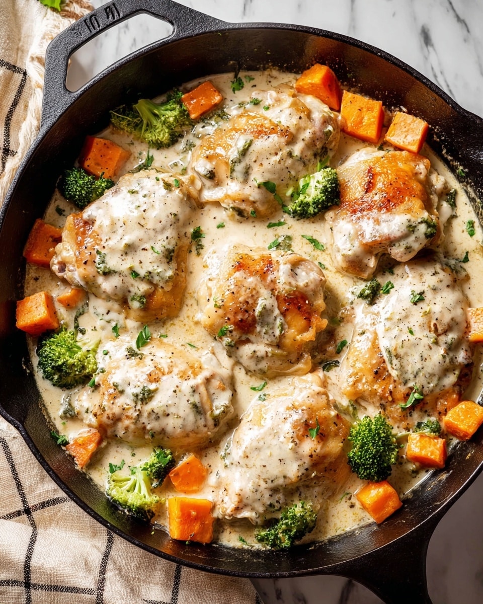 A white plate holds a meal with three main parts: a piece of chicken at the front covered with creamy white sauce with herbs, a mix of bright orange sweet potatoes that also have white sauce on them, and next to them some green broccoli florets topped with the same creamy sauce. Behind the chicken and vegetables is a light brown rice, slightly fluffy. A silver knife with some sauce on its blade lies on the right side of the plate, and a fork at the bottom right has lifted a piece of the chicken slightly, showing its cooked inside. The plate rests on a white marbled surface. Photo taken with an iphone --ar 4:5 --v 7
