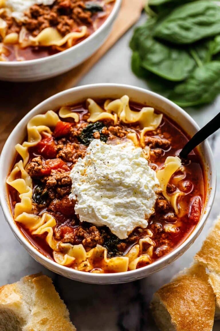 Homemade Lasagna Soup with Cheese Topping Recipe