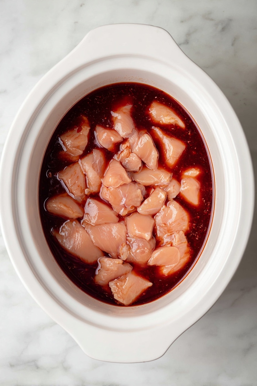 Slow Cooker Honey Sriracha Chicken, Honey Sriracha Chicken, Spicy Sweet Chicken, Easy Slow Cooker Chicken, Sriracha Chicken Recipe - This is a white bowl filled with two main layers: the bottom layer is a bed of white rice with a soft, fluffy texture, scattered with small green onion slices and a few light orange spots of sauce. The top layer is made of chunks of chicken coated in a thick, bright reddish-orange sauce, drizzled lightly with a pale creamy sauce. The chicken is sprinkled with white sesame seeds and garnished with chopped green onions. A pair of wooden chopsticks rests on the right side of the bowl. The bowl sits on a white marbled surface. photo taken with an iphone --ar 2:3 --v 7