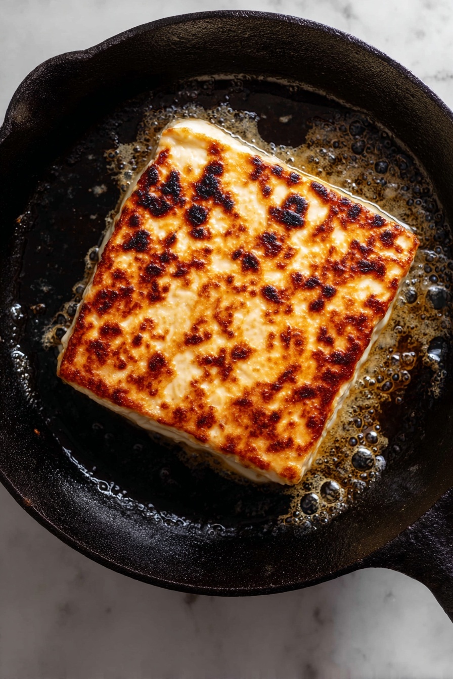 Grilled Feta with Chimichurri and Pistachios, grilled feta appetizer, chimichurri feta dish, pistachio-topped feta, flavorful cheese appetizer - A single thick slice of white soft cheese sits on a white plate with a white marbled texture. The cheese has a browned, slightly crisp top layer covered with chopped green herbs and small pieces of nuts. The middle and bottom layers of the cheese are creamy and smooth with a fluffy texture. Around the cheese, there is a drizzle of golden olive oil pooling on the plate. A small portion of the cheese is pulled away from the main piece, showing its soft and creamy inside. The photo taken with an iphone --ar 2:3 --v 7