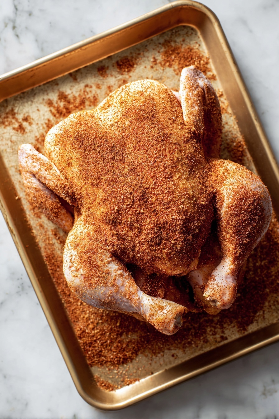 Grilled Cola BBQ Chicken, Cola BBQ chicken recipe, smoky grilled chicken with cola, easy BBQ chicken, backyard grilling recipes - A whole roasted chicken lies flat on its back on a light wooden cutting board with a white marbled surface underneath. The chicken is evenly coated with a dark, shiny barbecue sauce that gives it a rich reddish-brown color with some charred black edges, especially on the wings and thighs. To the top left of the chicken, there is a small clear glass bowl filled with thick barbecue sauce and behind it another small glass bowl with a light brown dry spice mix. Green chives lie scattered on the cutting board around the chicken. At the bottom right, a metal spoon resting on the board has some barbecue sauce on it, with a small drip smudge nearby. The overall look is rustic and flavorful, highlighting the texture and color contrasts of the cooked chicken skin and sauce. photo taken with an iphone --ar 2:3 --v 7