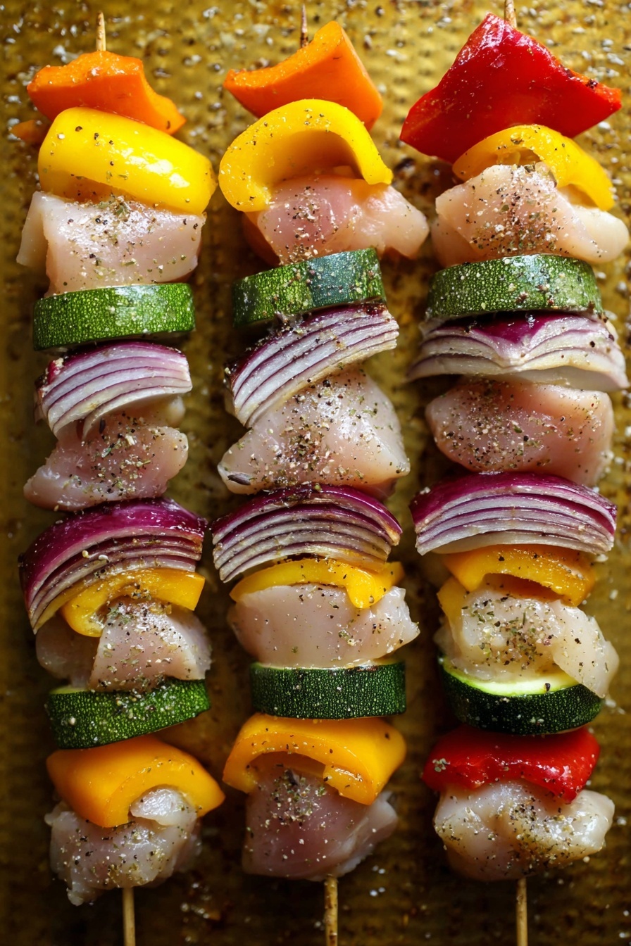 Grilled Chicken Skewers with Basil Couscous, grilled chicken skewers, basil couscous recipe, summer grill recipes, healthy chicken skewers - A white plate on a white marbled surface holds a bed of light green couscous mixed with thinly sliced green herbs and a lemon wedge on the top right edge. On top, there are three metal skewers each with grilled pieces of zucchini, red and yellow bell peppers, red onion, and chicken, all showing char marks. To the upper right of the plate, a small clear bowl with a green sauce and a small spoon inside is visible, with a lemon slice nearby on the surface. photo taken with an iphone --ar 2:3 --v 7