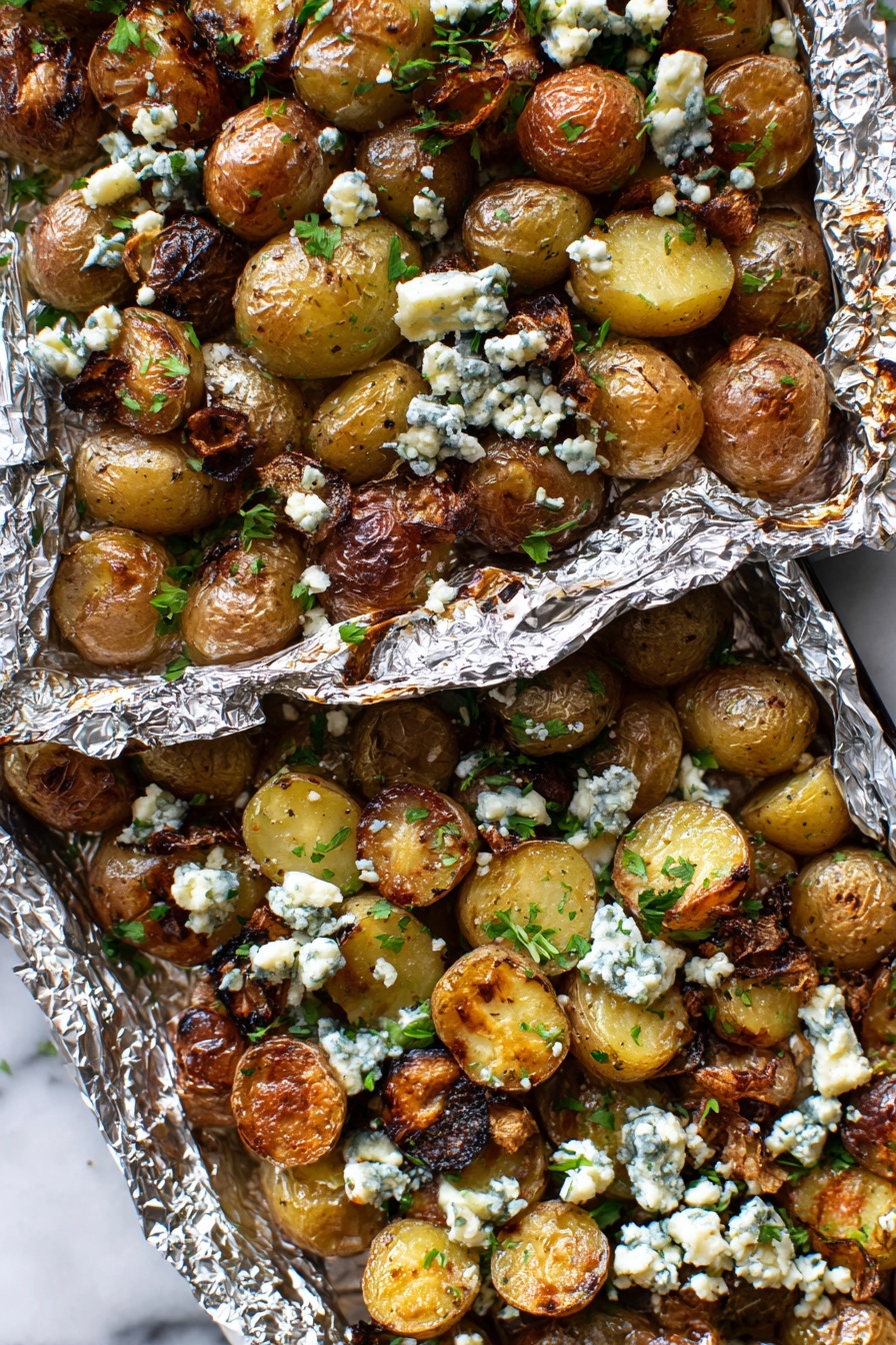 Grilled Gorgonzola Potatoes, grilled potato recipes, how to make gorgonzola potatoes, easy grilled potato side dishes, gourmet potato recipes - The image shows two trays lined with crinkled aluminum foil filled with roasted baby potatoes cut in halves. The potatoes have a golden brown toasted surface with some darker, crispy spots. They are topped with small, uneven white crumbles of blue cheese and sprinkled with fresh green herbs scattered evenly across the dish, adding a touch of bright green color. The overall look is rustic and hearty, with a mix of warm brown, cream, and fresh green colors. The photo is taken on a white marbled surface. photo taken with an iphone --ar 2:3 --v 7