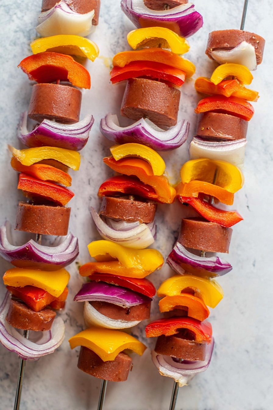 Hot Honey BBQ Sausage Skewers, spicy sausage skewers, grilled sausage recipes, honey BBQ skewers, easy summer BBQ ideas - A white plate holds two main layers: on the left side, a mound of light brown rice mixed with green herbs, soft and fluffy in texture; on the right side, several pieces of grilled sausage in deep reddish-brown with a shiny surface, mixed with charred chunks of yellow, orange, and red bell peppers, and purple onions, all with slightly blackened edges. The ingredients are sprinkled with fresh green herbs. A fork lies on the right edge of the plate, resting on the white marbled surface below. photo taken with an iphone --ar 2:3 --v 7