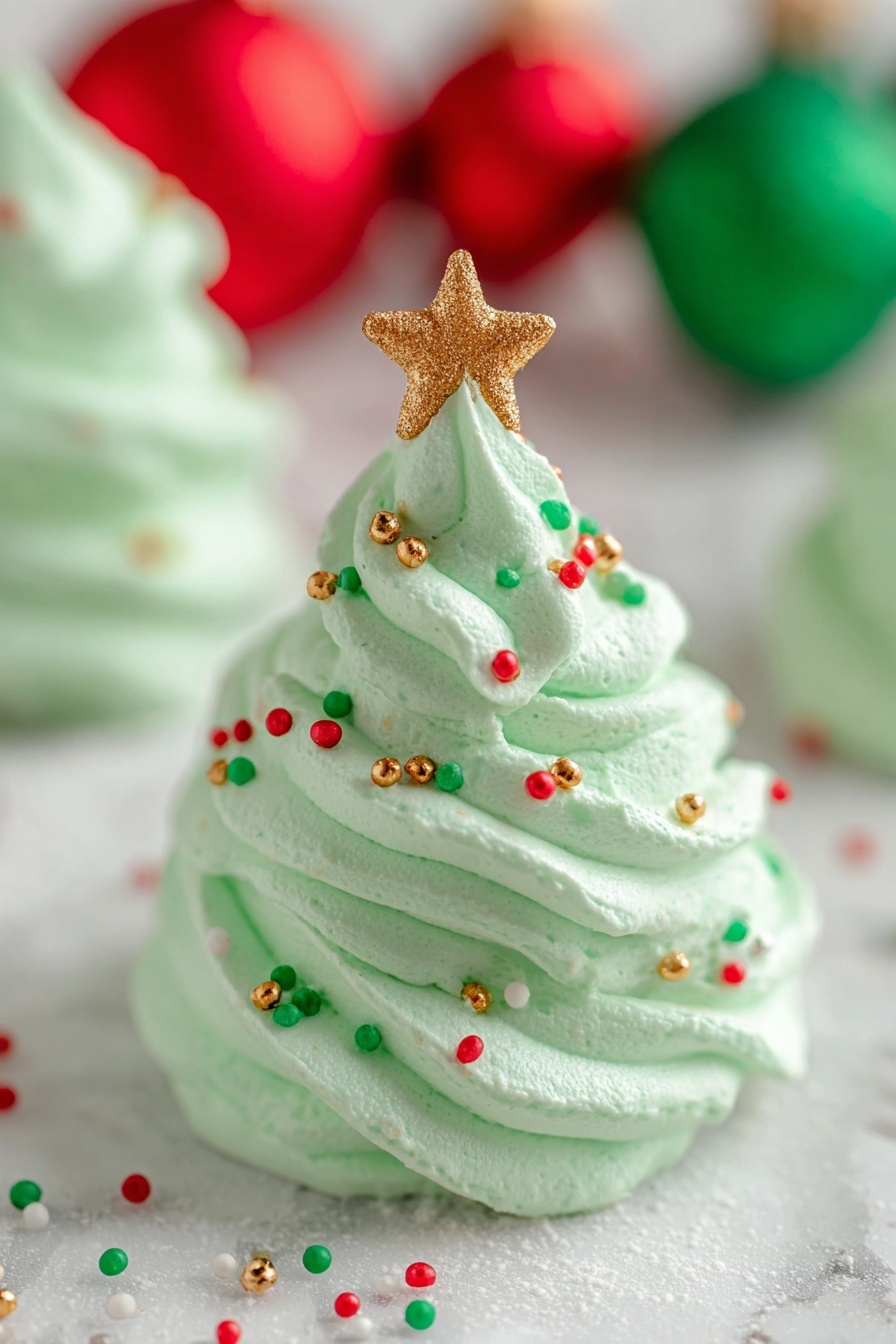 Christmas Tree Meringue Cookies, festive holiday cookies, Christmas dessert ideas, easy meringue cookies, holiday baking recipes - The image shows a light green swirl shaped like a small Christmas tree made of fluffy frosting or meringue, with about three visible layers spiraled from the base to the tip. The tree is decorated with small round sprinkles in red, green, white, and gold colors scattered evenly on the surface. On the top, a small golden star shaped candy sits as a topper. The background and surface are a white marbled texture with blurred holiday decorations in red and green colors, giving a festive feel. Photo taken with an iphone --ar 2:3 --v 7