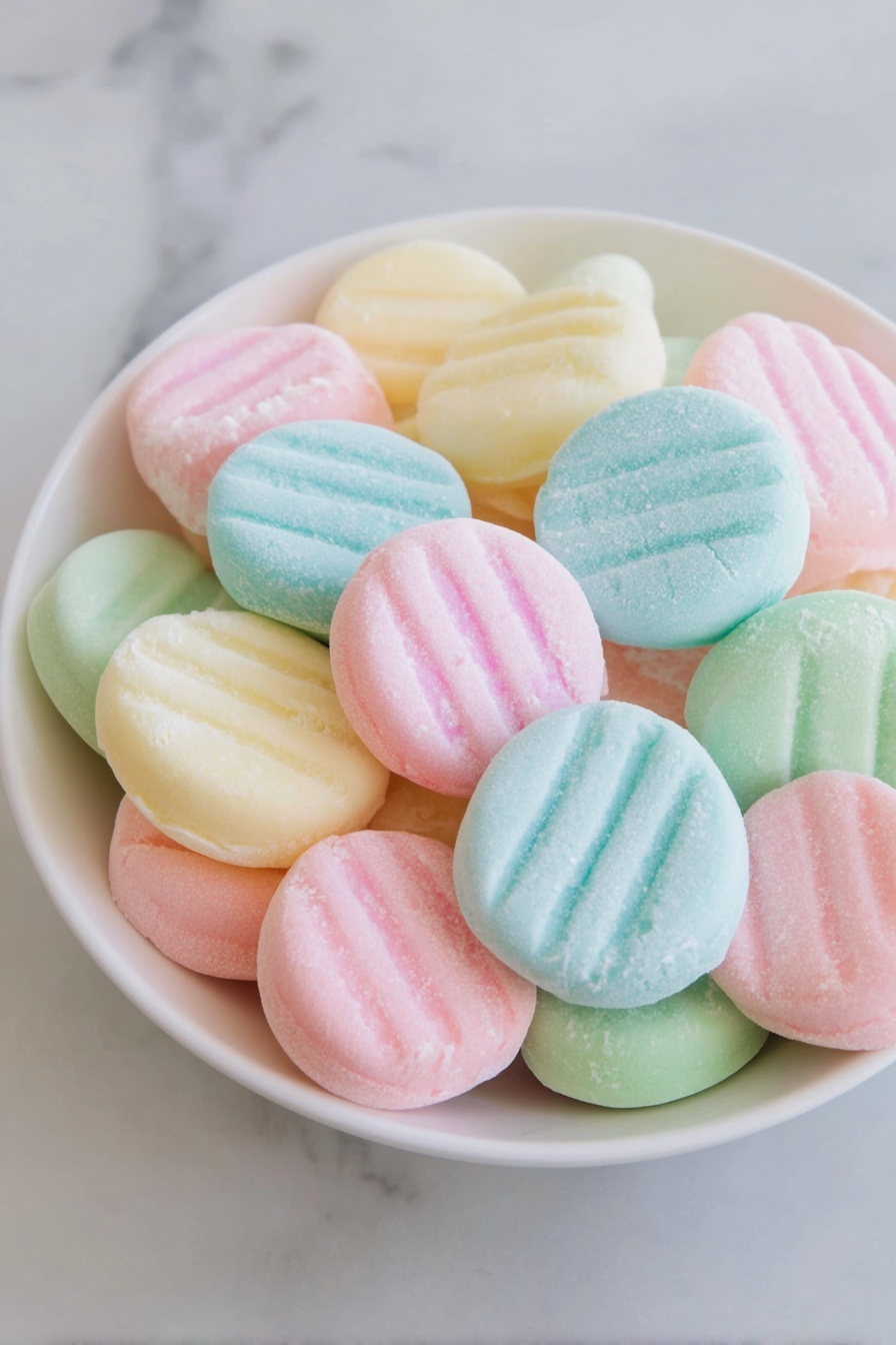 Cream Cheese Mint Cookies, mint cookie recipes, festive green cookies, easy holiday cookies, creamy mint treats - There are four small white bowls placed on a white marbled surface. Each bowl holds a soft dough-like substance in different colors: one bowl has light blue dough, another light green dough, the third contains light pink dough, and the last has plain white dough. The dough is smooth and thick, sitting gently inside each bowl, with slight texturing from being shaped by fingers. The bowls are arranged loosely in a square shape with some space between them. Photo taken with an iphone --ar 2:3 --v 7