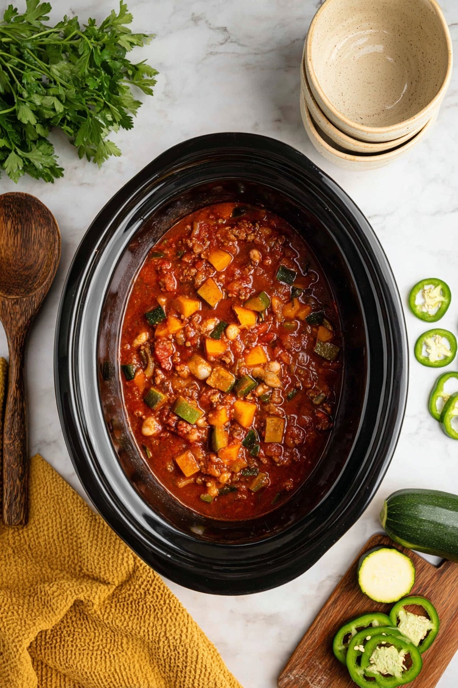 Easy Vegetarian Chili in Slow Cooker, vegetarian chili recipes, slow cooker vegetarian meals, hearty vegetarian dinner, easy plant-based chili - A black slow cooker filled with a chunky stew that has layers of dark red tomato sauce mixed with diced orange and green vegetables, white beans, and small pieces of sausage or meat, all stirred together. Around the slow cooker, there is a wooden spoon on a mustard-yellow textured cloth to the left, a white marbled surface underneath, a piece of cut green bell pepper and slices of jalapeño on a small wooden board to the right, and a bunch of fresh green parsley at the top left near a halved zucchini. Two shiny silver spoons rest in pale beige ceramic bowls stacked on top of each other at the top right. photo taken with an iphone --ar 2:3 --v 7