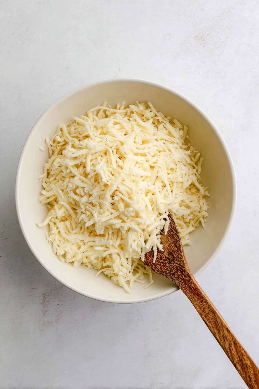 Cheddar Hash Brown Casserole in Slow Cooker, cheesy hash brown casserole, slow cooker breakfast casserole, easy cheesy hashbrown bake, comfort food casserole - A white bowl filled with shredded cheese that is light yellow in color, showing some small clumps and loose strands all around. A wooden spoon with a brown hue rests inside the bowl, partially covered by the cheese, with its handle extending outward towards the bottom right corner. The bowl sits on a white marbled surface in a clean and simple setting. photo taken with an iphone --ar 2:3 --v 7
