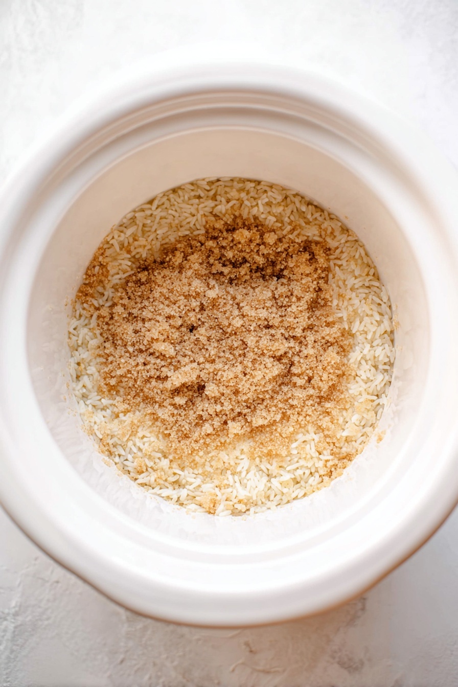 Slow Cooker Coconut Rice Pudding, coconut rice pudding, easy rice pudding, tropical dessert recipes, creamy pudding recipes - The image shows a close-up of a white crockpot filled with thick, creamy oatmeal. The oatmeal is pale beige with a slightly lumpy texture, showing individual oats swollen and soft. There are small bubbles around the edges and a thin film of cooked residue on the inside rim of the crockpot. The crockpot sits on a white marbled textured surface, giving a clean and bright backdrop. photo taken with an iphone --ar 2:3 --v 7