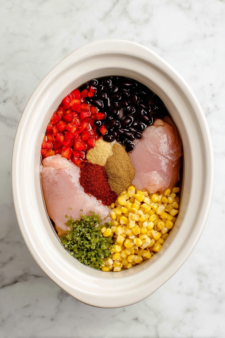 Slow Cooker Mexican Chicken, Mexican Chicken Recipes, Easy Mexican Chicken, Crockpot Mexican Chicken, Mexican Chicken Dinner Ideas - The image shows a white oval slow cooker filled with a stew made of shredded chicken, black beans, yellow corn, and diced red tomatoes in a rich brown broth. Around the slow cooker, there is a stainless steel bowl of white rice at the top left, a pair of white salt and pepper shakers at the top right, a wooden spoon at the bottom right, and a red and white checkered cloth at the bottom left, all placed on a white marbled surface. The colors in the stew are warm with a mix of yellow, black, red, and brown, creating a hearty and comforting look photo taken with an iphone --ar 2:3 --v 7