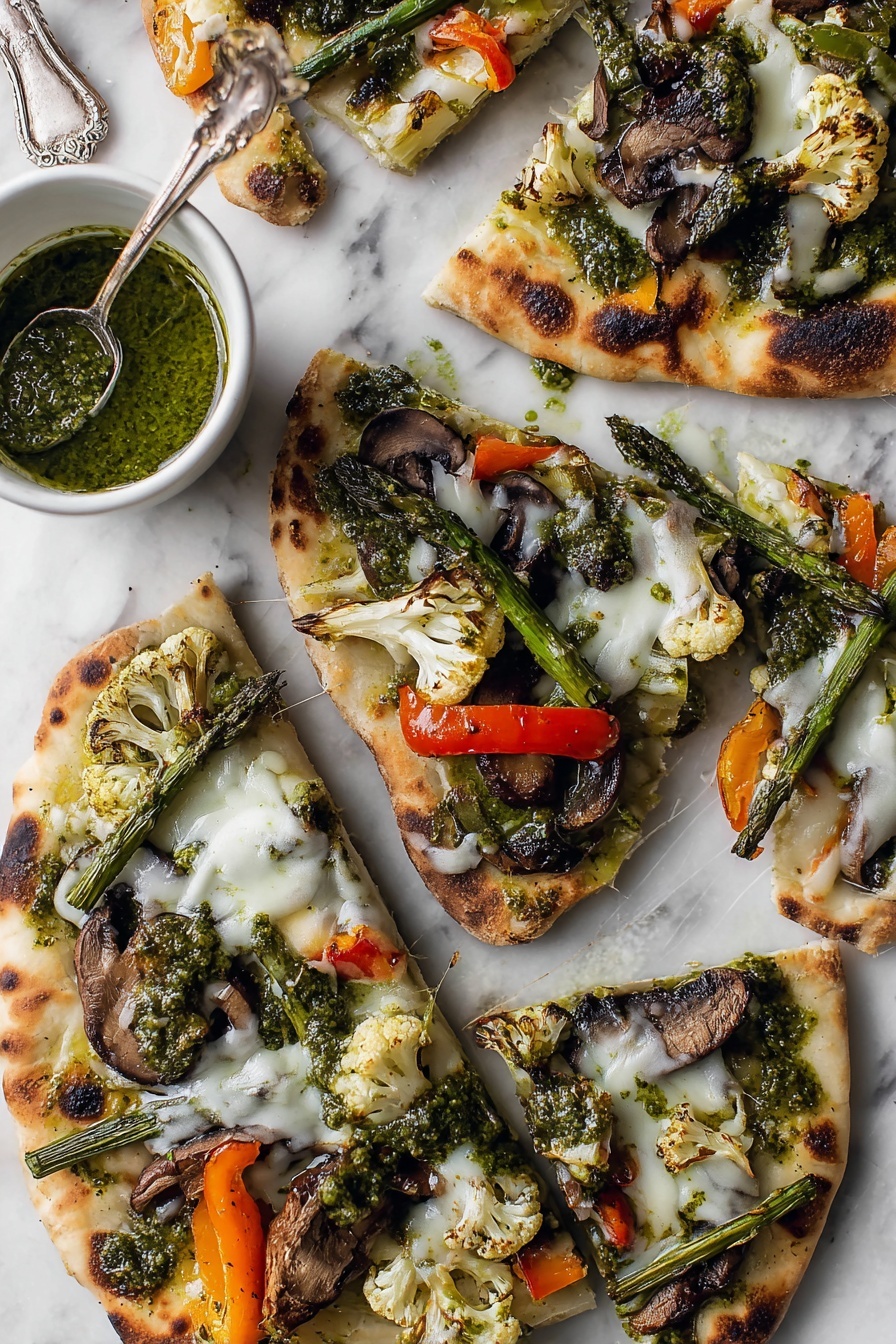 Grilled Vegetable Naan Pizza with Chimichurri, grilled veggie naan pizza, healthy veggie pizza, easy grilled naan pizza, flavorful herb pizza - The image shows a flatbread pizza on a white marbled surface with melted white cheese covering the base. On top, there are three layers of toppings: dark brown grilled mushrooms, charred green asparagus spears laid across the center, and browned cauliflower florets with a few pieces of roasted red and yellow bell peppers adding bright spots of color. The pizza is drizzled with a green herb sauce and sprinkled lightly with red chili flakes around it. A clear glass bowl filled with the same green sauce sits at the upper right corner. Another smaller piece of similar flatbread with cheese, mushrooms, and green sauce is partially visible at the bottom left. photo taken with an iphone --ar 2:3 --v 7