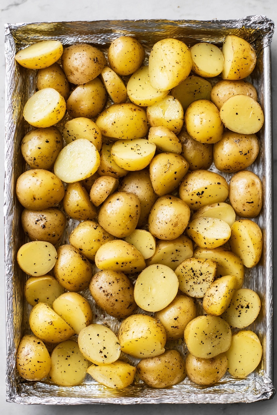 Grilled Gorgonzola Potatoes, grilled potato recipes, how to make gorgonzola potatoes, easy grilled potato side dishes, gourmet potato recipes - This image shows a single layer of small yellow potatoes, neatly cut in halves and quarters, spread out in a rectangular tray lined with foil. The potatoes have a smooth and slightly shiny skin with spots of black pepper and salt sprinkled across them. The potato pieces vary in size but fit closely together, filling the whole tray. The background is a white marbled texture. Photo taken with an iphone --ar 2:3 --v 7
