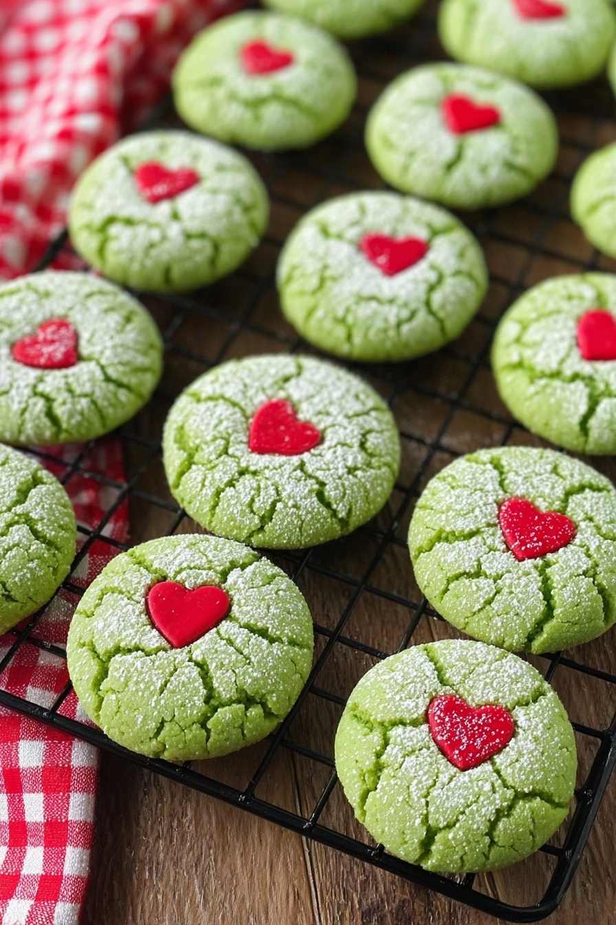 Grinch Green Cake Mix Cookies, festive holiday cookies, easy Christmas cookie recipe, green cookies for Christmas, kid-friendly holiday treats - A white plate holds a neat pile of round green cookies, each with a cracked texture and a shiny red heart shape pressed into the center. The cookies are dusted lightly with powdered sugar that highlights the cracks. The plate sits on a wooden table beside a jar of milk with a metal straw. A red and white checkered cloth is spread nearby, and green pine branches with snow dust add a festive touch around the plate. photo taken with an iphone --ar 2:3 --v 7