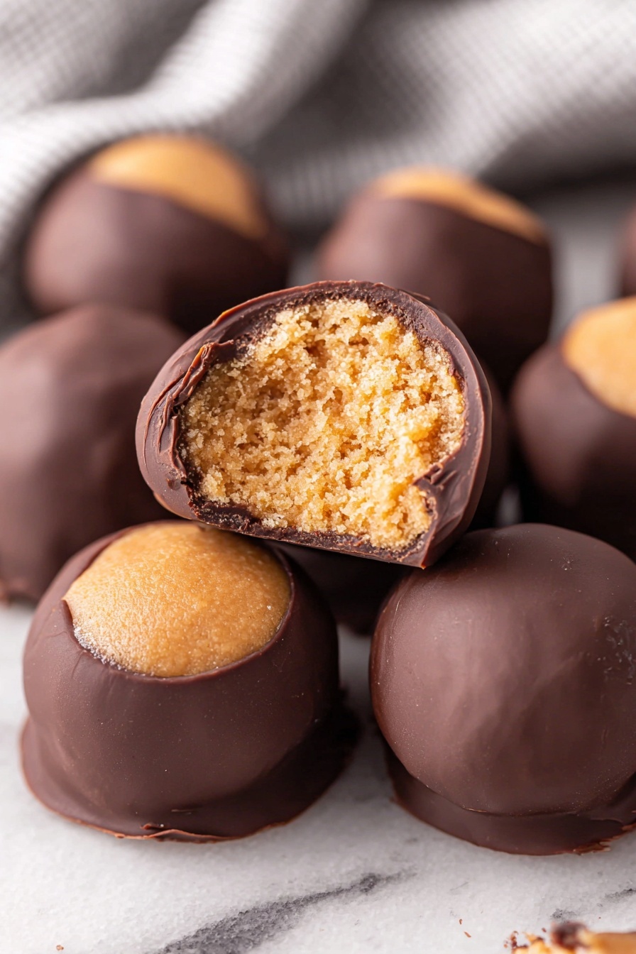 Chocolate Dipped Peanut Butter Buckeyes, peanut butter chocolate dessert, easy buckeyes recipe, homemade buckeyes candies, no-bake peanut butter treats - The image shows several round treats with two clear layers: a dark brown smooth chocolate coating that covers the lower half, and a golden beige crumbly filling visible on the top half and inside one treat that has a bite taken out of it. The chocolate layer is thick and shiny, slightly cracking near the bitten part, while the filling looks soft and grainy with a rough texture. The treats are arranged closely together on a white marbled surface, with a blurred cloth in the background. Photo taken with an iphone --ar 2:3 --v 7