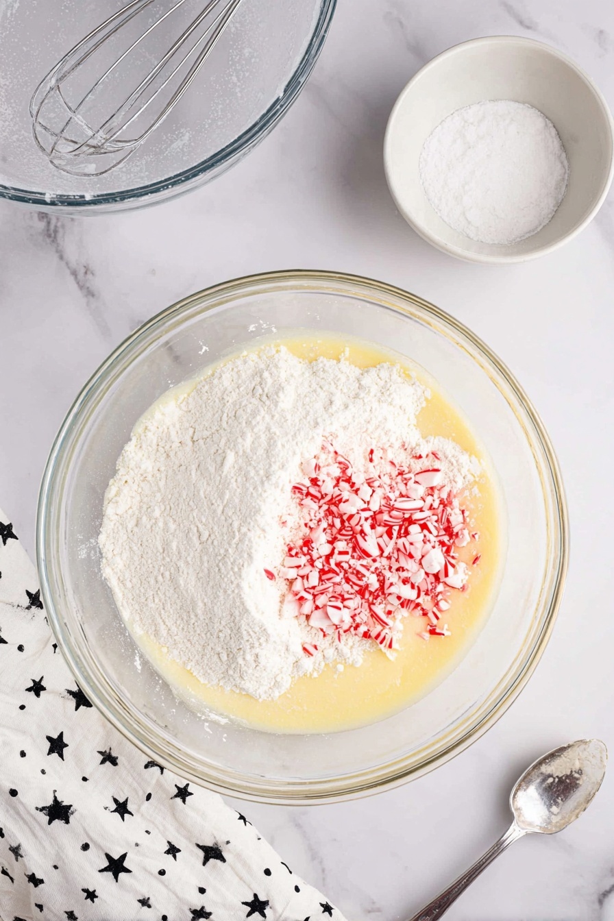 Candy Cane Kiss Cookies, peppermint holiday cookies, festive peppermint cookies, soft chocolate peppermint cookies, easy holiday treat - A close-up of a pile of round sugar cookies on a black wire cooling rack placed on a white marbled surface, each cookie featuring a red and white striped peppermint candy pressed into the center. The cookies are soft and light-colored with a cracked texture, and small bits of crushed peppermint are mixed inside and on top. Scattered around the rack are more whole and broken peppermint candies and red and white Hershey’s Kisses. The background includes blurry white jars and another black wire rack, keeping the focus on the festive cookies. Photo taken with an iphone --ar 2:3 --v 7