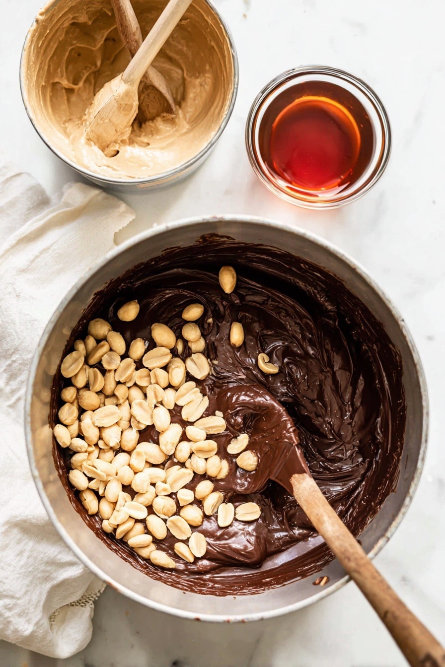 Easy Rocky Road Fudge, rocky road fudge, no-bake rocky road, chocolate marshmallow fudge, quick rocky road fudge - The image shows a close-up of two thick rocky road bars stacked on a white marbled surface. Each bar has three main layers: a dense, dark brown chocolate base with visible chunks of golden peanuts embedded inside, a middle layer of white fluffy marshmallows partly melted into the chocolate, and a top layer with whole peanuts and puffy marshmallows scattered on the surface. One bar has a bite taken from it, revealing the soft, moist texture inside with melted chocolate and marshmallow mixing together. The overall look is rich and textured, with contrasting colors of dark chocolate, white marshmallow, and light tan nuts. Photo taken with an iphone --ar 2:3 --v 7