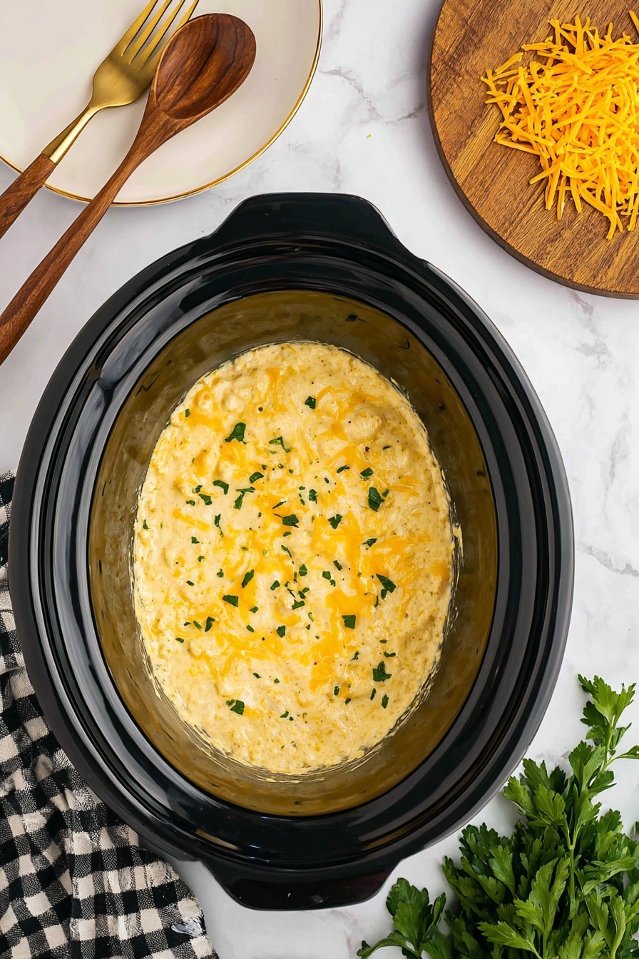 Cheddar Hash Brown Casserole in Slow Cooker, cheesy hash brown casserole, slow cooker breakfast casserole, easy cheesy hashbrown bake, comfort food casserole - The image shows a black slow cooker filled with a creamy, cheesy dish that has a soft, smooth texture with small chunks of melted cheese mixed throughout. The top layer is pale yellow with melted cheese and scattered small green herb pieces for garnish. Around the slow cooker, there is a light wooden spoon on a black and white checkered cloth in the bottom left corner, a round wooden cutting board with shredded orange cheese on the upper right, and a bunch of fresh green parsley in the lower right corner. A white plate with two gold forks is visible near the top left corner, all placed on a white marbled surface. photo taken with an iphone --ar 2:3 --v 7