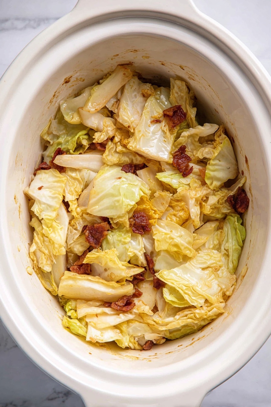 Slow Cooker Cabbage with Bacon, easy cabbage side dish, crockpot cabbage recipe, smoky bacon cabbage, tender slow cooker cabbage - The image shows a white oval dish filled with large, uneven chunks of fresh cabbage placed at the bottom. On top of the cabbage pieces, there are small, crispy browned bits of bacon scattered unevenly, adding a rich texture contrast. The cabbage is light green and white, while the bacon has a deep reddish-brown color, creating a mix of cool and warm tones. The dish is set on a white marbled surface. photo taken with an iphone --ar 2:3 --v 7