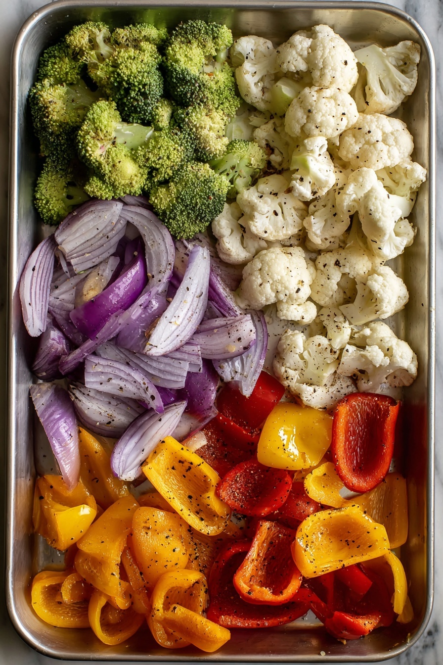 Grilled Vegetable Naan Pizza with Chimichurri, grilled veggie naan pizza, healthy veggie pizza, easy grilled naan pizza, flavorful herb pizza - A metal tray filled with four sections of raw vegetables arranged separately: bright green broccoli florets sit in the top left corner, creamy white cauliflower florets are spread across the top right, purple and white onion slices occupy the middle left, and a mix of red, orange, and yellow bell pepper pieces fill the lower half of the tray. Each vegetable piece is lightly sprinkled with black pepper, and the shiny surface of some peppers show a slight coating of oil. The tray rests on a white marbled surface. Photo taken with an iphone --ar 2:3 --v 7