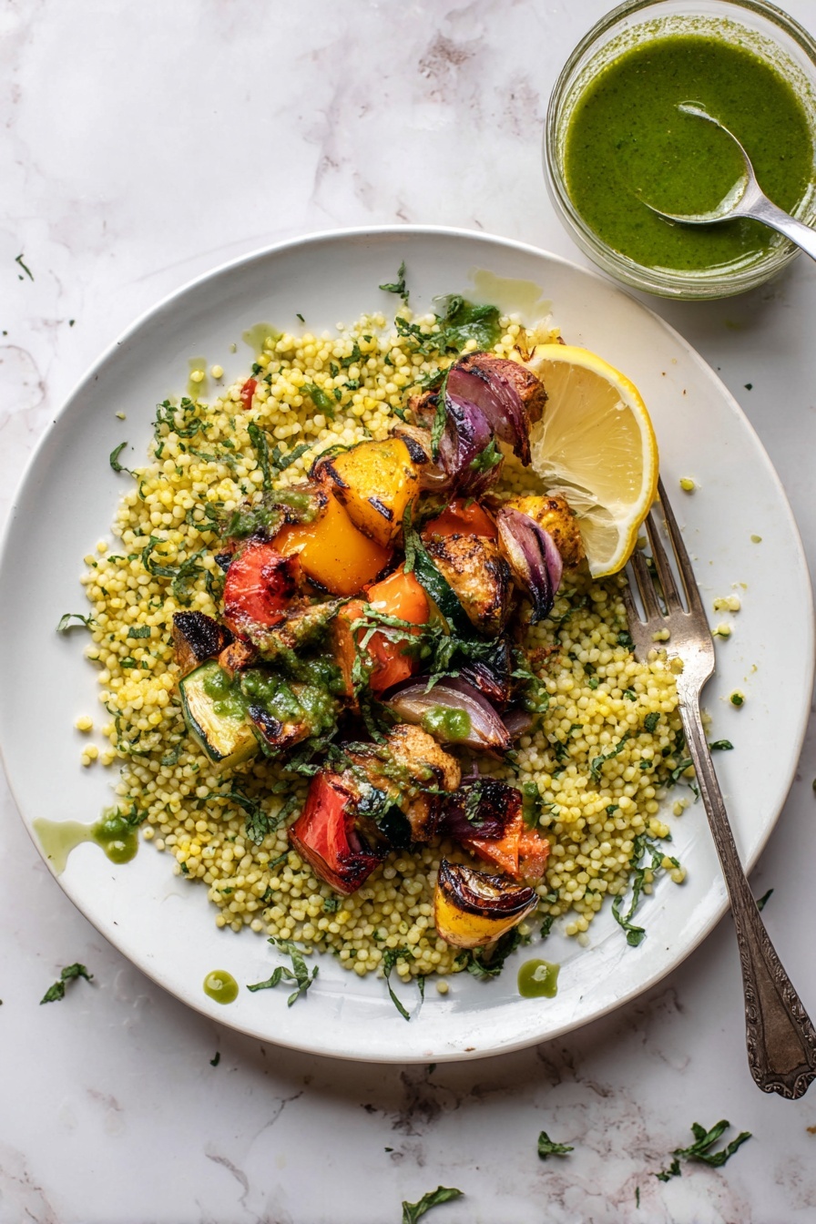 Grilled Chicken Skewers with Basil Couscous, grilled chicken skewers, basil couscous recipe, summer grill recipes, healthy chicken skewers - A white plate sits on a white marbled surface, filled with two main layers: the bottom layer is small light yellow grains mixed with green herbs, creating a textured base, and the top layer has grilled pieces of colorful vegetables and meat in shades of red, orange, green, yellow, and purple with visible char marks. A lemon wedge rests on the edge of the grains, and some green herbs are scattered on top. A metallic fork lies on the right side of the plate. Above the plate on the surface is a small clear bowl filled with green sauce, with a spoon inside. Photo taken with an iphone --ar 2:3 --v 7