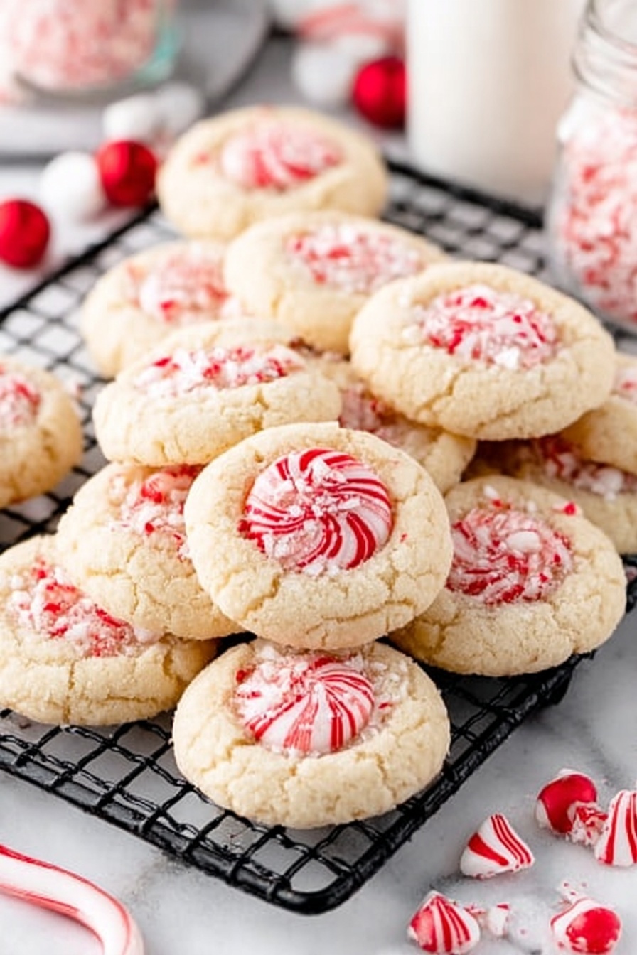 Candy Cane Kiss Cookies, peppermint holiday cookies, festive peppermint cookies, soft chocolate peppermint cookies, easy holiday treat - Two round cookies sit on a white plate with a white marbled surface underneath. Each cookie has a soft, light beige base with slightly cracked surfaces and small red bits scattered throughout. In the center of each cookie is a round candy with white and red stripes, resembling a peppermint. Around the cookies are small wrapped candies with shiny silver and red foil, along with broken pieces of red and white candy cane, adding a festive touch. The image is bright and clear, capturing the fine details of sugar granules on the cookies. Photo taken with an iphone --ar 2:3 --v 7