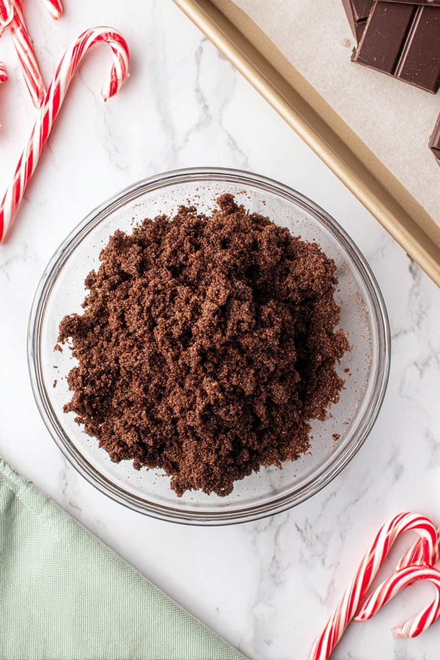 Peppermint Thumbprint Cookies with Chocolate Almond, peppermint cookies, holiday cookies, chocolate almond cookies, festive thumbprint cookies - The image shows several round chocolate cookies with a thick, cracked texture on the outer layer and a smooth, shiny chocolate center layer that is slightly raised. On top of the chocolate center, there are small pieces of crushed white and red peppermint candies scattered unevenly. The cookies are placed on a black wire cooling rack, which sits on a white marbled surface. The arrangement is neat, with the cookies close but not touching each other. photo taken with an iphone --ar 2:3 --v 7