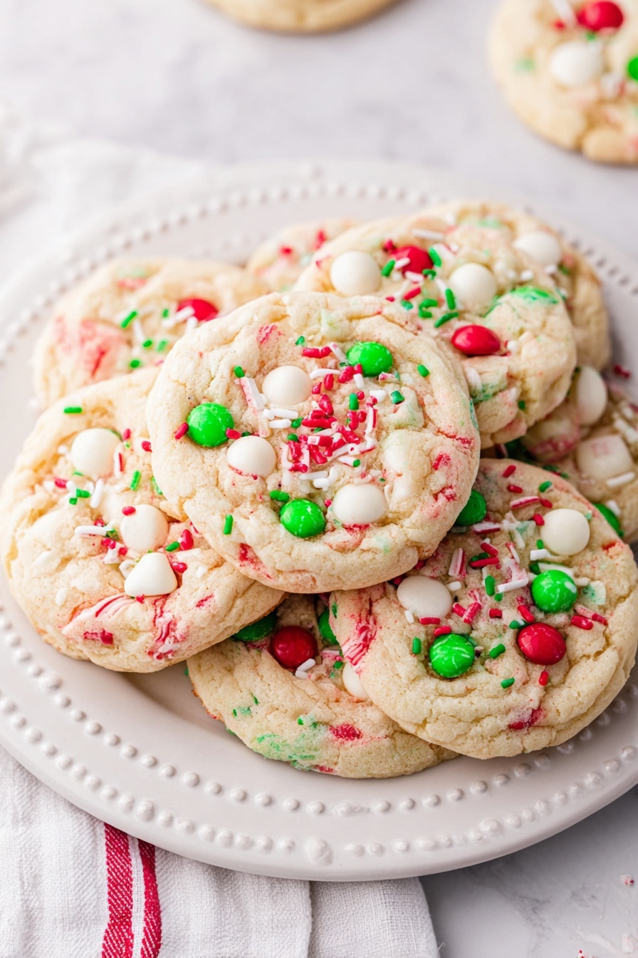 Festive White Cake Mix Cookies, holiday cookie recipes, easy Christmas cookies, colorful M&Ms cookies, quick holiday treats - A metal baking tray holds six round cookies with a light golden color and soft texture. Each cookie is decorated with red, green, and white sprinkles scattered on top, along with red and green candy pieces and a few white chocolate chips. The candies are round and shiny, some branded with an 'm'. The tray is lined with white parchment paper. Around the cookies and tray are extra candy pieces in matching colors. The setting includes a white marbled surface beneath the tray and part of a red and white patterned cloth is visible at the bottom right corner. photo taken with an iphone --ar 2:3 --v 7