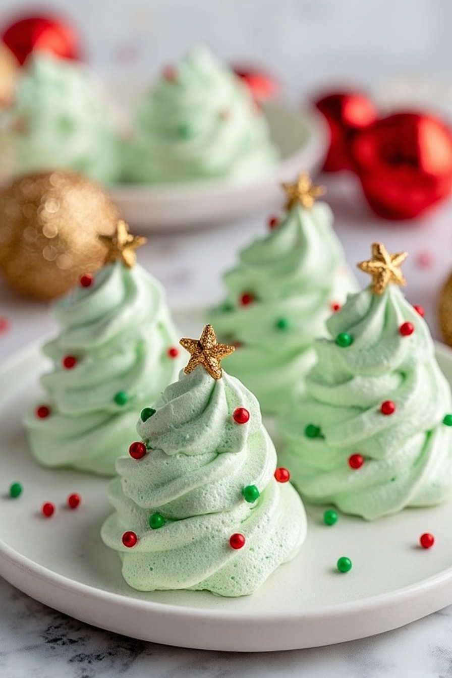 Christmas Tree Meringue Cookies, festive holiday cookies, Christmas dessert ideas, easy meringue cookies, holiday baking recipes - The image shows four small, Christmas-tree-shaped meringue cookies arranged on a white plate. Each meringue has three swirled layers with a soft green color, creating a fluffy and textured look. Tiny red and green round sprinkles are scattered on the meringues like ornaments, and each cookie is topped with a small gold star. The background has a white marbled texture with some blurred gold and red Christmas decorations, adding a festive feel. Photo taken with an iphone --ar 2:3 --v 7