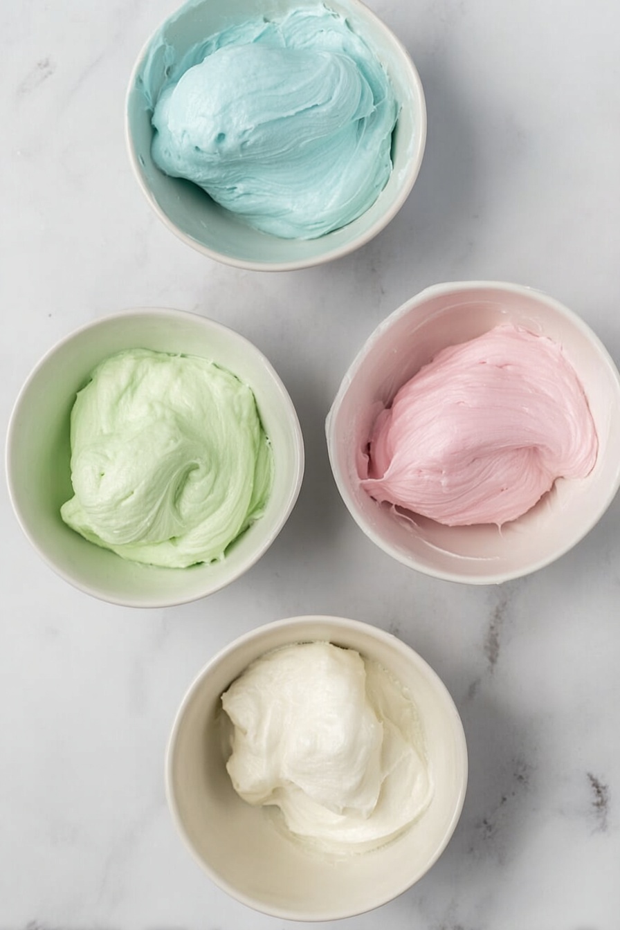 Cream Cheese Mint Cookies, mint cookie recipes, festive green cookies, easy holiday cookies, creamy mint treats - The image shows many small round cookies with soft pastel colors, including light pink, teal blue, pale yellow, and light green, spread out on a white marbled surface. Each cookie has three parallel shallow grooves on top, giving a textured look. In the center, there is a stack of four cookies: the bottom one is light green, followed by pale yellow, then teal blue, and topped with a pink cookie. Some cookies have small white sugar crystals sprinkled on them. The overall scene is bright with a soft focus on the cookies further from the center. photo taken with an iphone --ar 2:3 --v 7