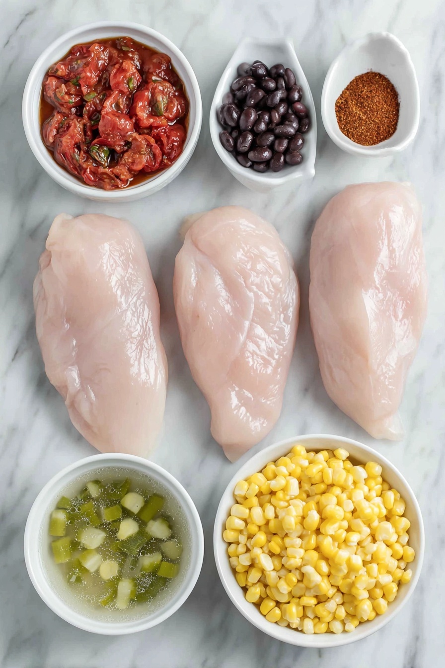 Slow Cooker Mexican Chicken, Mexican Chicken Recipes, Easy Mexican Chicken, Crockpot Mexican Chicken, Mexican Chicken Dinner Ideas - Flat lay of boneless skinless chicken breasts, a small white bowl of fire-roasted diced tomatoes showing visible charred bits, a small white bowl of shiny black beans, a small white bowl of bright yellow frozen sweet corn kernels, a small white bowl of diced green chiles with visible seeds, a small white bowl of homemade taco seasoning mix with vibrant red and brown spices, a small white bowl of clear chicken broth, all arranged symmetrically on a clean white marble surface, soft natural light, photo taken with an iPhone, professional food photography style, fresh ingredients, white ceramic bowls, no bottles, no duplicates, no utensils, no packaging --ar 2:3 --v 7 --p m7354615311229779997
