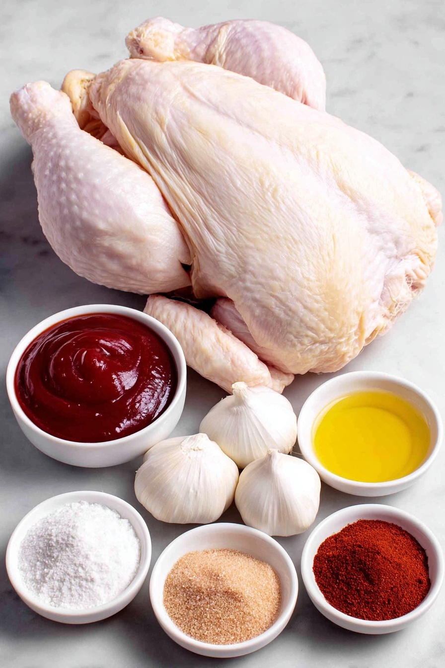 Grilled Cola BBQ Chicken, Cola BBQ chicken recipe, smoky grilled chicken with cola, easy BBQ chicken, backyard grilling recipes - Flat lay of a whole raw chicken with pale yellow skin, a small mound of golden brown sugar, a small heap of deep red smoked paprika powder, a pile of off-white garlic powder, a small pile of fine white salt, and a tiny heap of cracked black peppercorns, alongside a simple white bowl filled with bright red smooth ketchup, a small white bowl with glossy dark cola liquid, another white bowl with thick amber honey, three fresh whole garlic cloves with white papery skins, a white bowl holding translucent pale golden apple cider vinegar, a small white bowl with smooth pale yellow Dijon mustard, a tiny white bowl with dark brown Worcestershire sauce, and white ceramic bowls containing pale off-white onion powder and another small heap of smoked paprika powder and a heap of freshly ground black pepper – all arranged symmetrically with balanced spacing, placed on a clean white marble surface, soft natural light, photo taken with an iPhone, professional food photography style, fresh ingredients, white ceramic bowls, no bottles, no duplicates, no utensils, no packaging --ar 2:3 --v 7 --p m7354615311229779997