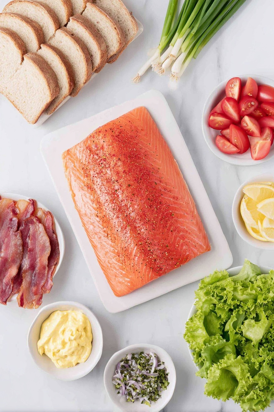 Grilled Salmon BLT with Charred Scallion Mayo, salmon BLT sandwich, easy grilled salmon recipes, flavorful seafood sandwiches, smoky scallion mayo recipe - Flat lay of crispy cooked bacon strips, a whole raw salmon filet sprinkled with smoked paprika and dried oregano, a small white bowl of mayonnaise mixed with chopped charred scallions, six whole green scallions with trimmed ends, two ripe red tomatoes sliced thin, fresh green leaf lettuce leaves, and eight slices of sourdough bread arranged neatly, all placed on simple white ceramic dishes and small white bowls, arranged in perfect symmetry, placed on a clean white marble surface, soft natural light, photo taken with an iPhone, professional food photography style, fresh ingredients, white ceramic bowls, no bottles, no duplicates, no utensils, no packaging --ar 2:3 --v 7 --p m7354615311229779997