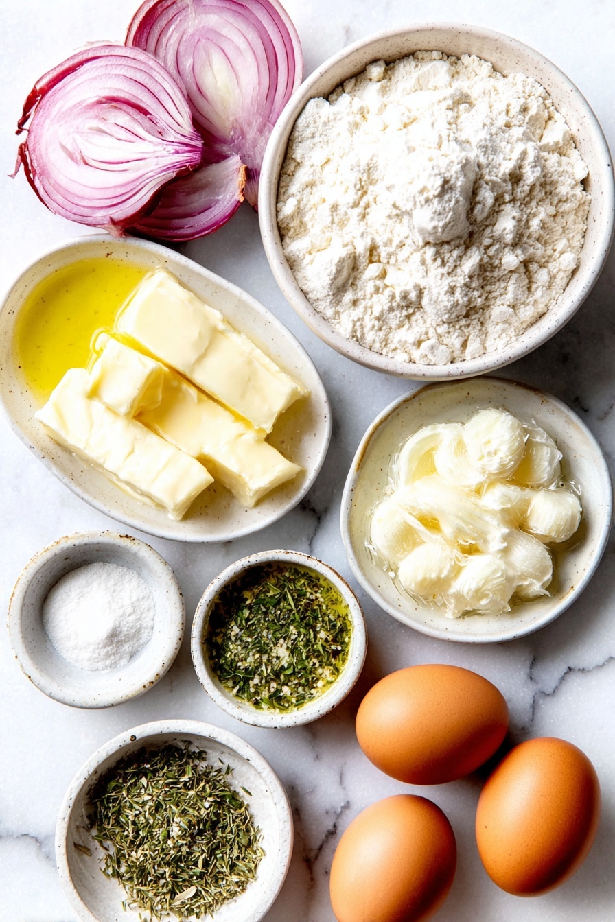 Caramelized Onion Garlic Focaccia, savory focaccia bread, caramelized onion bread recipe, garlic focaccia, easy homemade focaccia - Flat lay of two sweet onions thinly sliced, a small white ceramic bowl of unsalted butter, a small white ceramic bowl of olive oil, a small white ceramic bowl of warm water, a small white ceramic bowl of active dry yeast, a small white ceramic bowl of honey, a small white ceramic bowl of all-purpose flour, a small white ceramic bowl of garlic powder, a small white ceramic bowl of kosher salt, a small white ceramic bowl of extra virgin olive oil, a small white ceramic bowl of melted unsalted butter, three garlic cloves whole and unpeeled, a small white ceramic bowl with mixed chopped fresh herbs including chives, dill, basil, oregano, and thyme, a small white ceramic bowl of flaked sea salt, two whole uncracked brown eggs placed perfectly symmetrical, all ingredients fresh and natural arranged with balanced proportions and perfect symmetry, placed on a clean white marble surface, soft natural light, photo taken with an iPhone, professional food photography style, fresh ingredients, white ceramic bowls, no bottles, no duplicates, no utensils, no packaging --ar 2:3 --v 7 --p m7354615311229779997