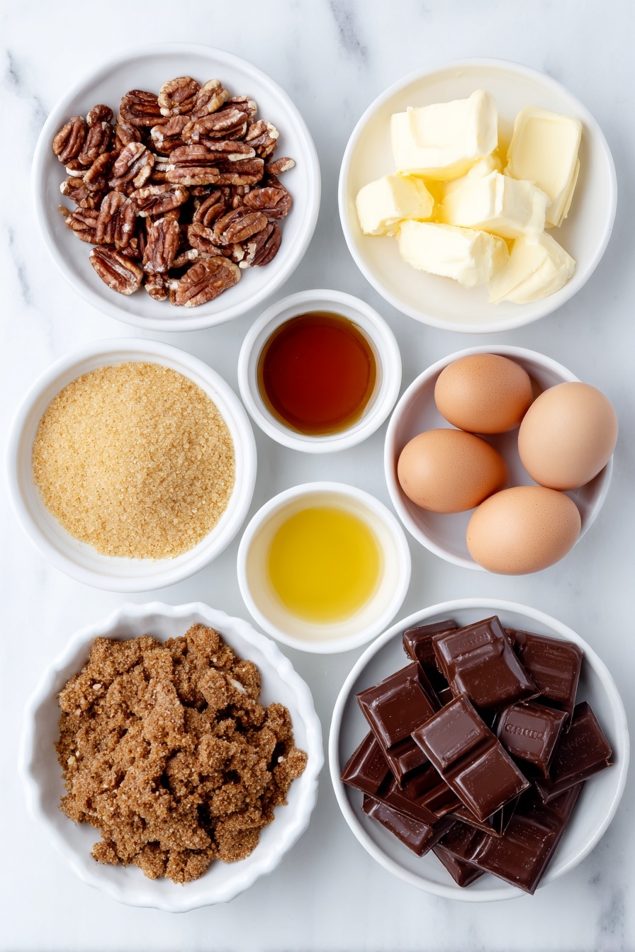 Chocolate Coated Pecan Pie Balls, pecan pie balls, no-bake pecan dessert, chocolate coated date balls, holiday nut treats - Flat lay of finely chopped pecans scattered next to a small mound of golden graham cracker crumbs, a neat pile of soft brown sugar crystals, a small white ceramic bowl filled with rich amber maple syrup, another white bowl holding light golden karo syrup, a small white bowl with melted salted butter glistening, a tiny white bowl with clear almond extract, a tiny white bowl with slightly amber rum extract, whole uncracked brown eggs arranged symmetrically, and a simple white ceramic bowl filled with smooth dark chocolate melting discs, all placed on a clean white marble surface, soft natural light, photo taken with an iPhone, professional food photography style, fresh ingredients, white ceramic bowls, no bottles, no duplicates, no utensils, no packaging --ar 2:3 --v 7 --p m7354615311229779997
