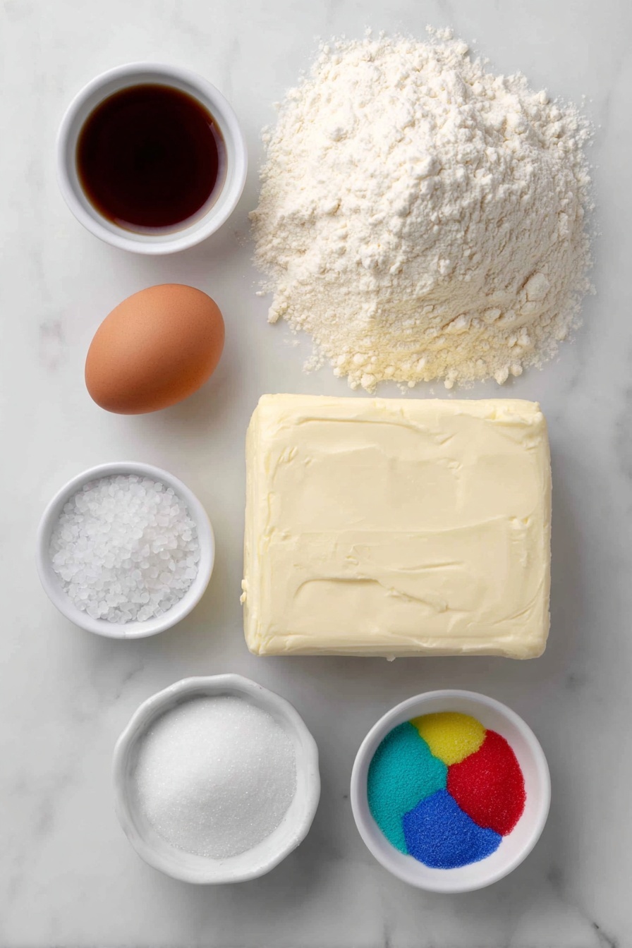 Thumbprint Cookies with Colorful Icing, fun thumbprint cookies, colorful cookie decorating ideas, easy Christmas cookies, soft buttery thumbprint cookies - Flat lay of a small mound of all-purpose flour, a small pile of coarse salt crystals, a large slab of unsalted butter softened and creamy, a neat heap of granulated sugar crystals, one whole brown egg with a clean shell, a small white ceramic bowl holding clear vanilla extract, a small white ceramic bowl filled with fine powdered sugar, a small white ceramic bowl containing whole milk, and a small white ceramic bowl with vibrant drops of red, blue, and yellow gel food coloring placed on a clean white marble surface, soft natural light, photo taken with an iPhone, professional food photography style, fresh ingredients, white ceramic bowls, no bottles, no duplicates, no utensils, no packaging --ar 2:3 --v 7 --p m7354615311229779997