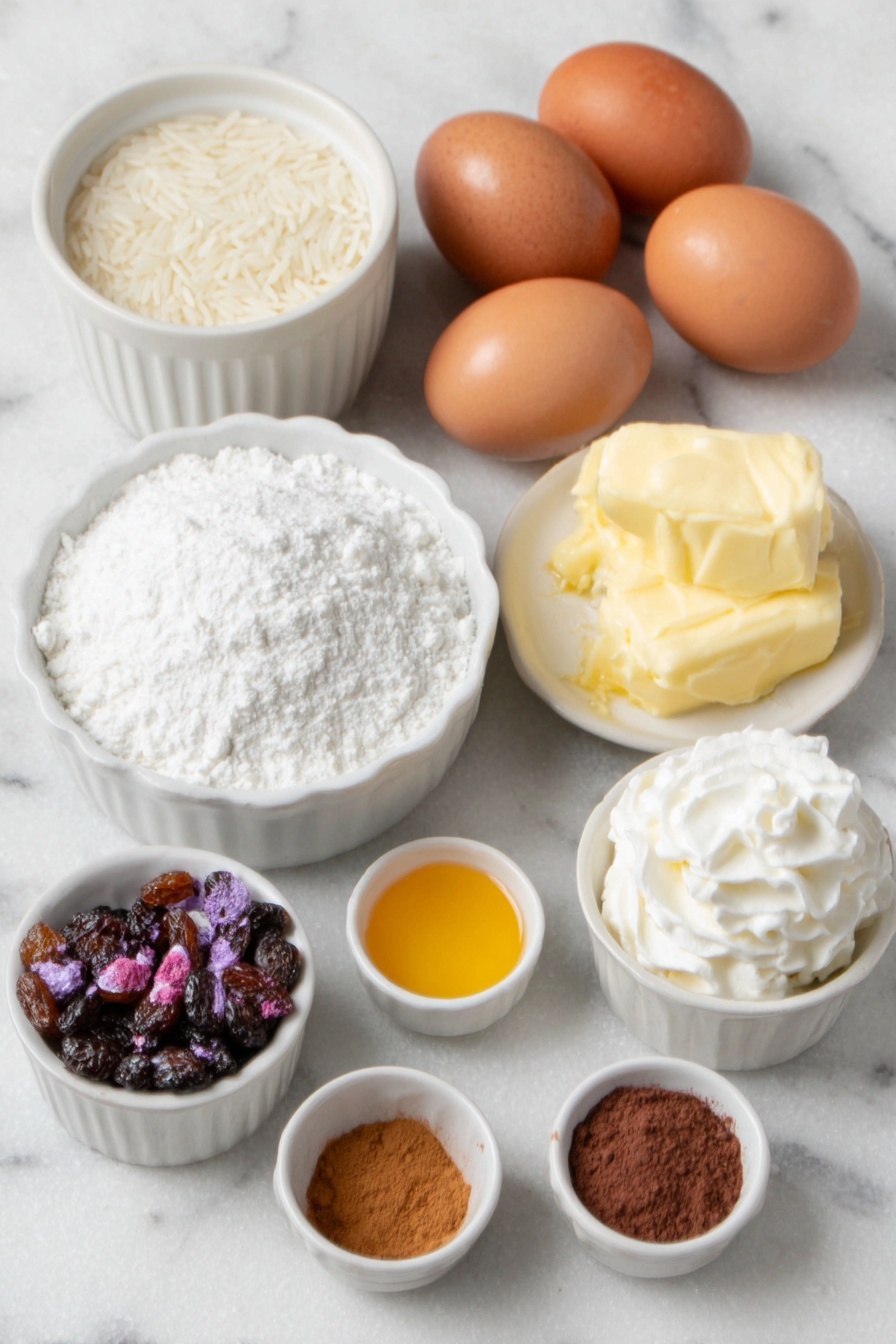 Slow Cooker Coconut Rice Pudding, coconut rice pudding, easy rice pudding, tropical dessert recipes, creamy pudding recipes - Flat lay of a small mound of uncooked basmati rice, a small white ceramic bowl filled with white granulated sugar, a larger white ceramic bowl holding creamy coconut milk, a few tablespoons of golden butter resting on a white ceramic dish, a few whole brown eggs with clean shells arranged neatly, a small white bowl containing golden vanilla extract, a small white bowl with ground cinnamon powder, a small white bowl with ground nutmeg powder, a small white bowl with cacao powder, a dollop of fresh whipped cream on a white ceramic plate, a small white bowl with mixed fresh berries and raisins—all ingredients fresh and natural, perfectly symmetrical and balanced, placed on a clean white marble surface, soft natural light, photo taken with an iPhone, professional food photography style, fresh ingredients, white ceramic bowls, no bottles, no duplicates, no utensils, no packaging --ar 2:3 --v 7 --p m7354615311229779997