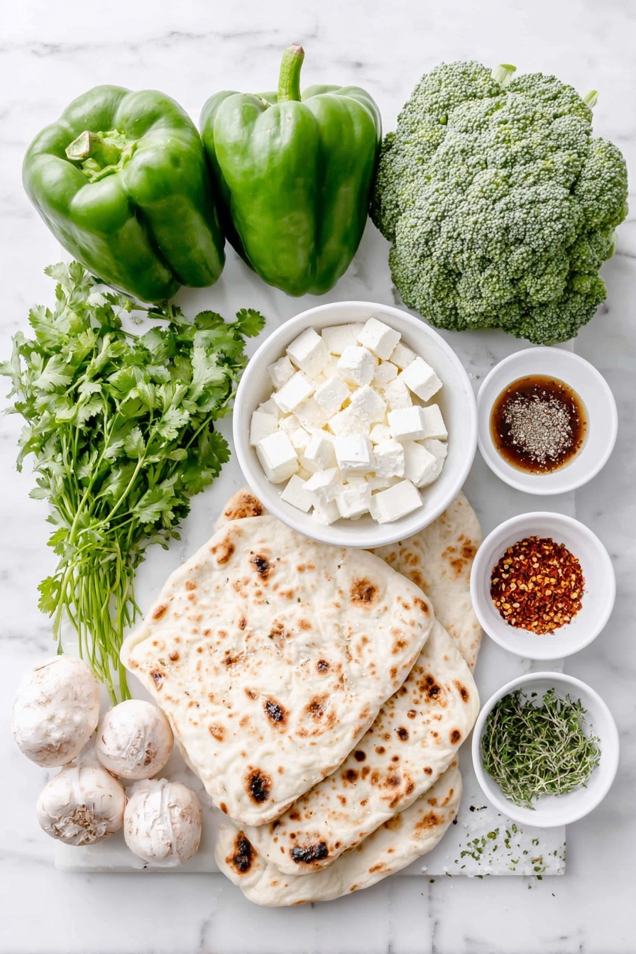 Grilled Vegetable Naan Pizza with Chimichurri, grilled veggie naan pizza, healthy veggie pizza, easy grilled naan pizza, flavorful herb pizza - Flat lay of two whole green bell peppers, one whole red onion, ten thin asparagus spears, a small mound of sliced white mushrooms, a small pile of broccoli florets, a small pile of cauliflower florets, four pieces of plain naan bread, torn chunks of fresh mozzarella cheese, a bunch of fresh cilantro sprigs, fresh parsley sprigs, fresh oregano sprigs, two whole uncracked garlic cloves, small white ceramic bowls containing red wine vinegar, olive oil, kosher salt, black pepper, and crushed red pepper flakes, all arranged symmetrically on a clean white marble surface, soft natural light, photo taken with an iPhone, professional food photography style, fresh ingredients, white ceramic bowls, no bottles, no duplicates, no utensils, no packaging --ar 2:3 --v 7 --p m7354615311229779997