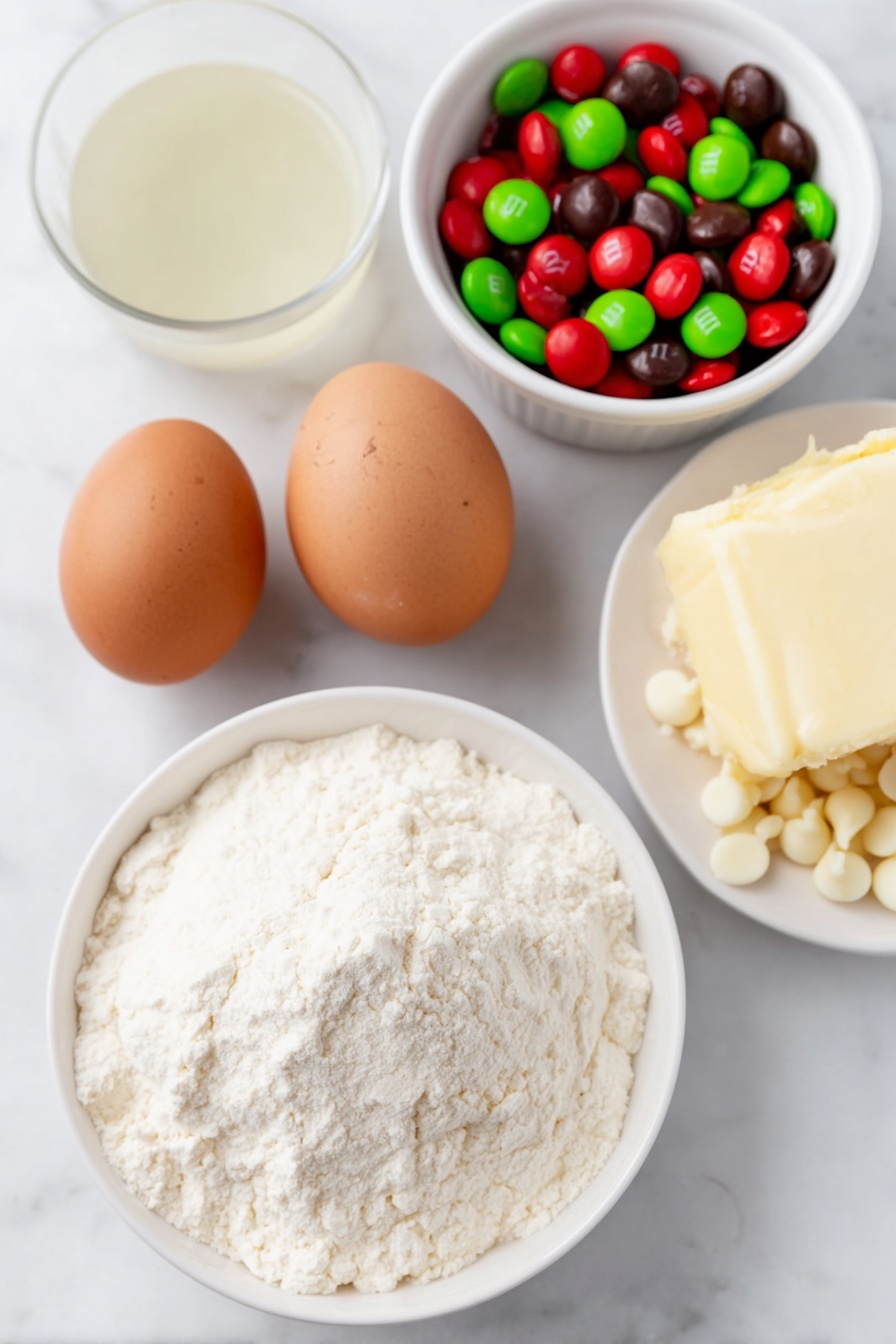 Festive White Cake Mix Cookies, holiday cookie recipes, easy Christmas cookies, colorful M&Ms cookies, quick holiday treats - Flat lay of a small mound of fine white cake mix powder on a simple white ceramic plate, two large brown eggs with clean shells resting side by side on a plain white ceramic dish, a small white ceramic bowl filled with clear lemon-lime soda bubbles visible, a neat pile of glossy red and green M&M candies arranged on a white ceramic saucer, and a scattering of smooth white chocolate chips displayed on another white ceramic plate, all ingredients fresh and natural, perfectly symmetrical and balanced layout, placed on a clean white marble surface, soft natural light, photo taken with an iPhone, professional food photography style, fresh ingredients, white ceramic bowls, no bottles, no duplicates, no utensils, no packaging --ar 2:3 --v 7 --p m7354615311229779997