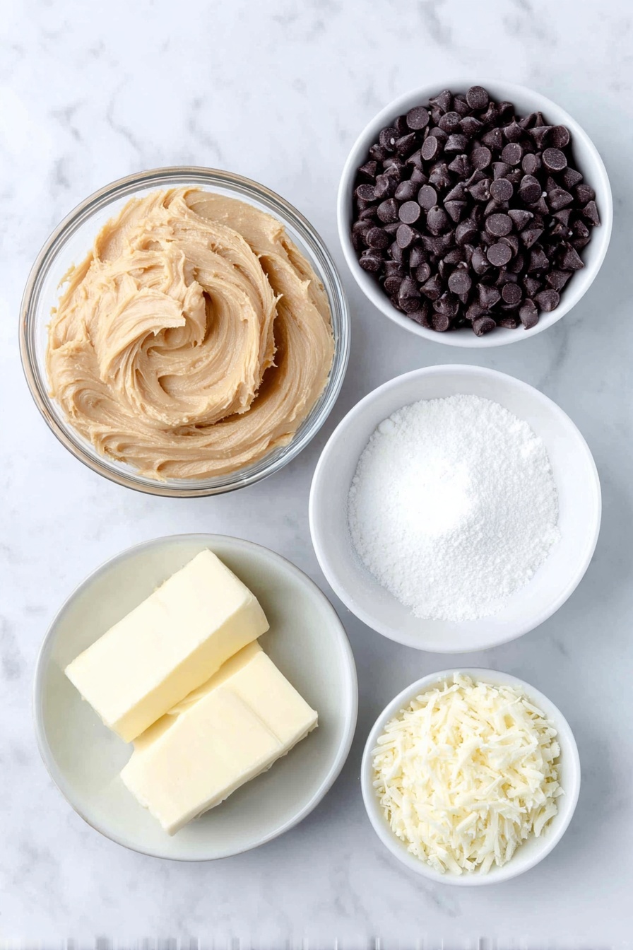 Chocolate Peanut Butter Balls, no-bake treat, easy chocolate peanut butter snacks, homemade dessert recipes, quick holiday treats - Flat lay of a smooth glass bowl of creamy peanut butter, a small white ceramic bowl of softened butter, a small white ceramic bowl filled with fine powdered sugar, a small white ceramic bowl holding clear vanilla extract, a simple white ceramic bowl filled with glossy dark chocolate chips, and a small white ceramic bowl containing grated paraffin wax flakes, arranged in perfect symmetry on a clean white marble surface, soft natural light, photo taken with an iPhone, professional food photography style, fresh ingredients, white ceramic bowls, no bottles, no duplicates, no utensils, no packaging --ar 2:3 --v 7 --p m7354615311229779997