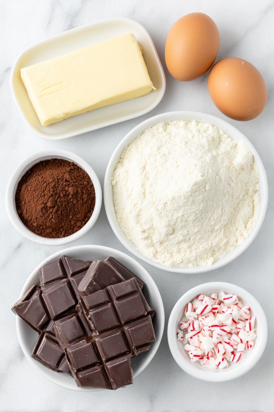 Peppermint Thumbprint Cookies with Chocolate Almond, peppermint cookies, holiday cookies, chocolate almond cookies, festive thumbprint cookies - Flat lay of a small mound of light beige sugar cookie mix powder, a stick of pale yellow salted butter with a smooth surface, a small white bowl filled with rich dark brown cocoa powder, two whole large brown eggs with clean shells, a small white bowl of clear peppermint extract liquid, a white ceramic bowl heaped with glossy chopped chocolate almond bark squares, and a small white bowl of crushed candy cane pieces in red and white, all arranged symmetrically in perfect proportion, placed on a clean white marble surface, soft natural light, photo taken with an iPhone, professional food photography style, fresh ingredients, white ceramic bowls, no bottles, no duplicates, no utensils, no packaging --ar 2:3 --v 7 --p m7354615311229779997