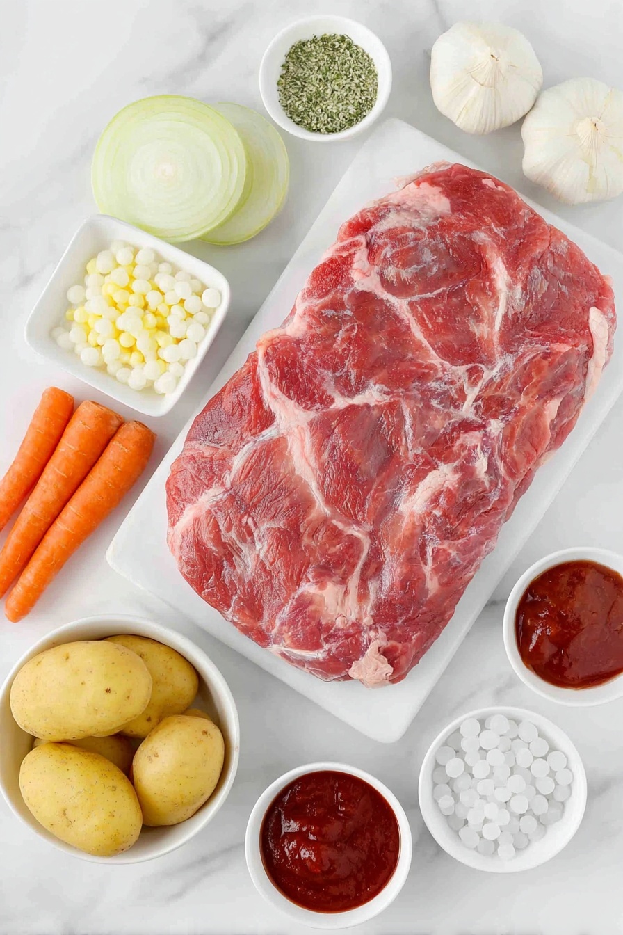 Slow Cooker Chuck Roast with Hearty Gravy, hearty beef stew, easy slow cooker beef, tender chuck roast dinner, comfort food recipes - Flat lay of a fresh raw chuck roast, a small pile of herb and garlic seasoning, quartered sweet yellow onion pieces, two whole garlic cloves, a bunch of bright baby carrots, halved gold potatoes, a small white bowl of cornstarch, a small white bowl of smooth tomato paste, a small white bowl of deep red wine, a small white bowl of rich beef broth, and a small white bowl filled with translucent tapioca pearls, all arranged in perfect symmetry on a simple white ceramic surface, placed on a clean white marble surface, soft natural light, photo taken with an iPhone, professional food photography style, fresh ingredients, white ceramic bowls, no bottles, no duplicates, no utensils, no packaging --ar 2:3 --v 7 --p m7354615311229779997