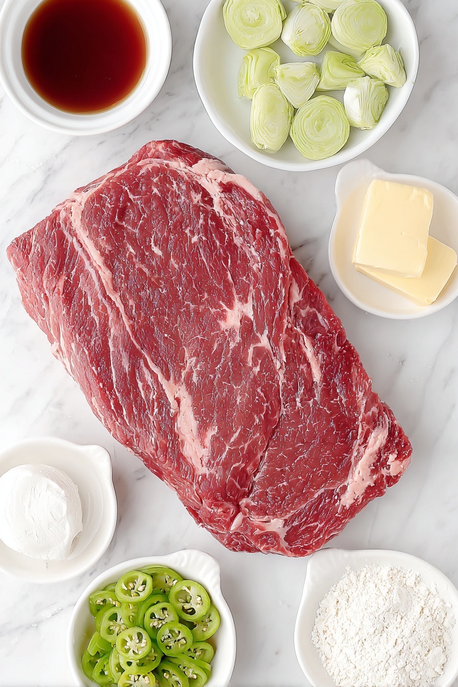 Slow Cooker Mississippi Roast, Mississippi Roast recipe, easy slow cooker dinner, tender beef roast, flavorful beef recipe - Flat lay of a fresh raw chuck roast with marbling, a small white bowl of rich beef broth, a small white bowl containing smooth cornstarch mixed with water, a small white bowl filled with homemade ranch seasoning powder, a cluster of bright green pepperoncini peppers, and two small pats of golden butter, all arranged symmetrically and proportionately on a clean white marble surface, soft natural light, photo taken with an iPhone, professional food photography style, fresh ingredients, white ceramic bowls, no bottles, no duplicates, no utensils, no packaging --ar 2:3 --v 7 --p m7354615311229779997